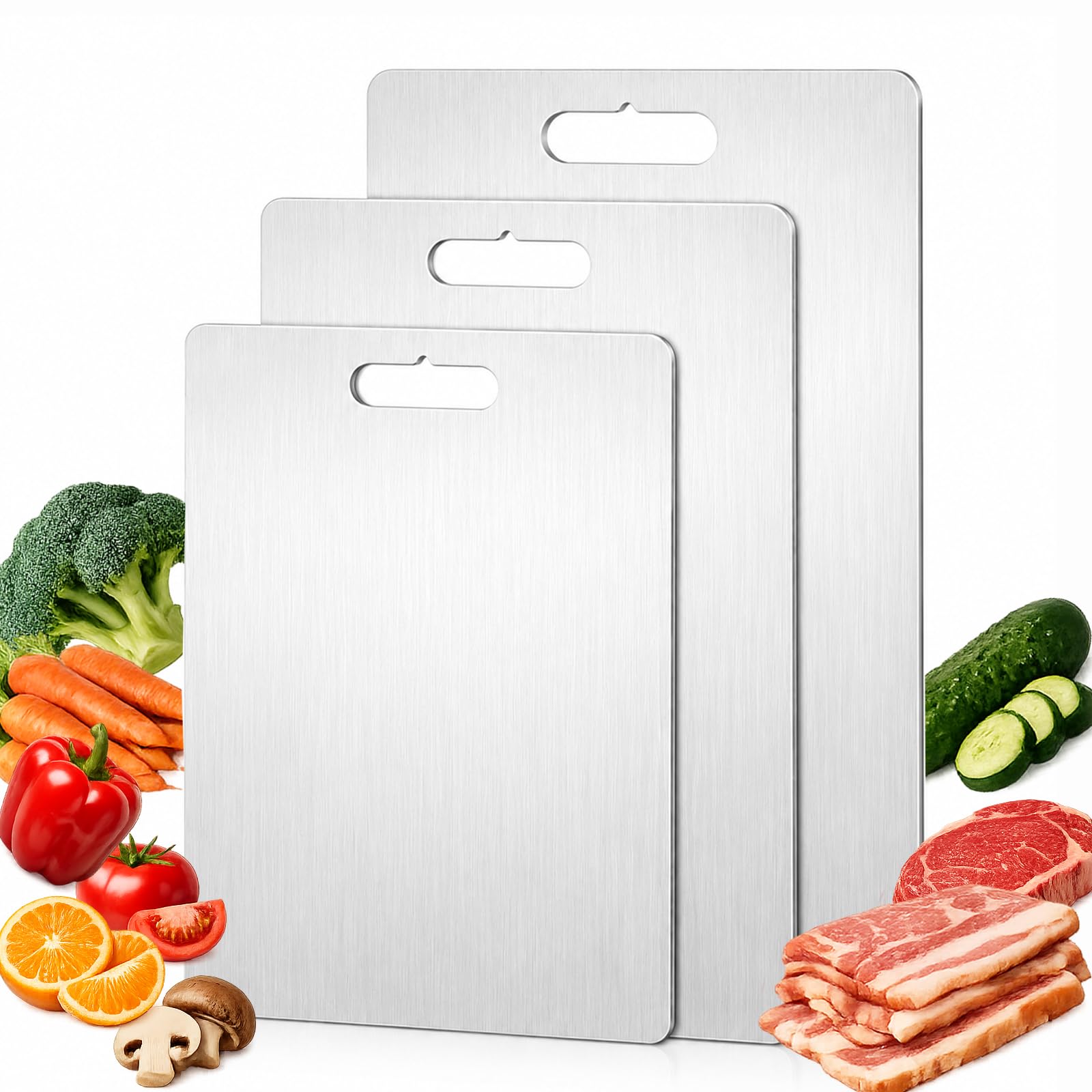 Chopping Board, 316 Foodgrade Stainless Steel Cutting Board for Kitchen, Double Sided Metal Board, Dishwasher Safe, Durable Non-Slip Board for Meat,Vegetables and Fruit - 3 Pack（L/M/S