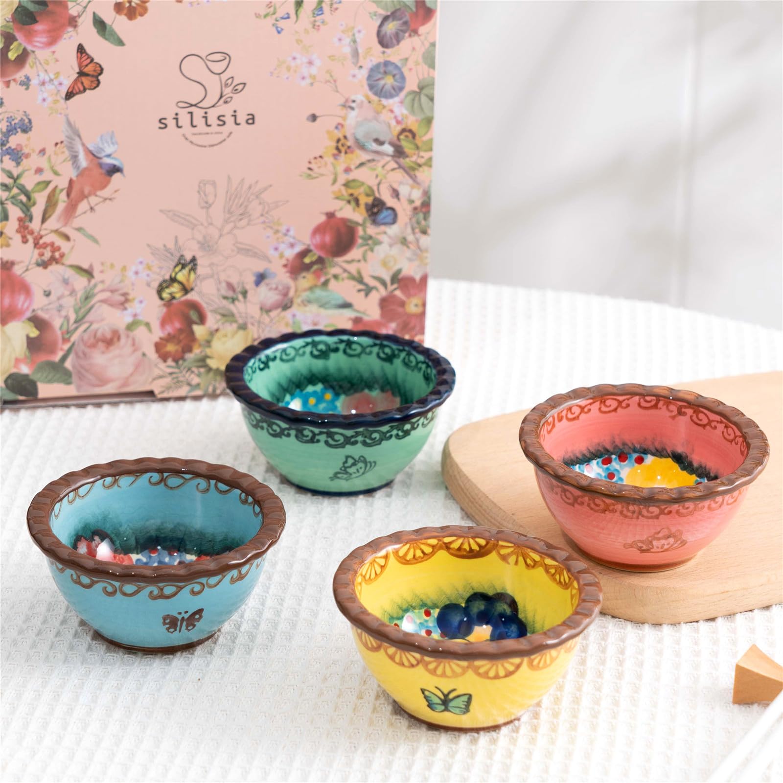 silesia - Juego de 4 vasos de cerámica hechos a mano de 3 onzas para pudín de crema brulee, cuencos pequeños pintados a mano para cocina, en caja de regalo, aptos para microondas y lavavajillas, 3.5