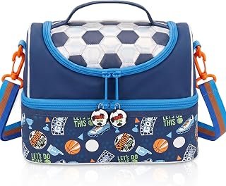 PinkSheep Lunchtasche Kinder, Kühltasche mit Zwei Fächern und Abnehmbarer Verstellbarer Kinder Lunchpaket Kindergarten Tasche Mädchen Junge Lunchboxen (Blauer Fußball)