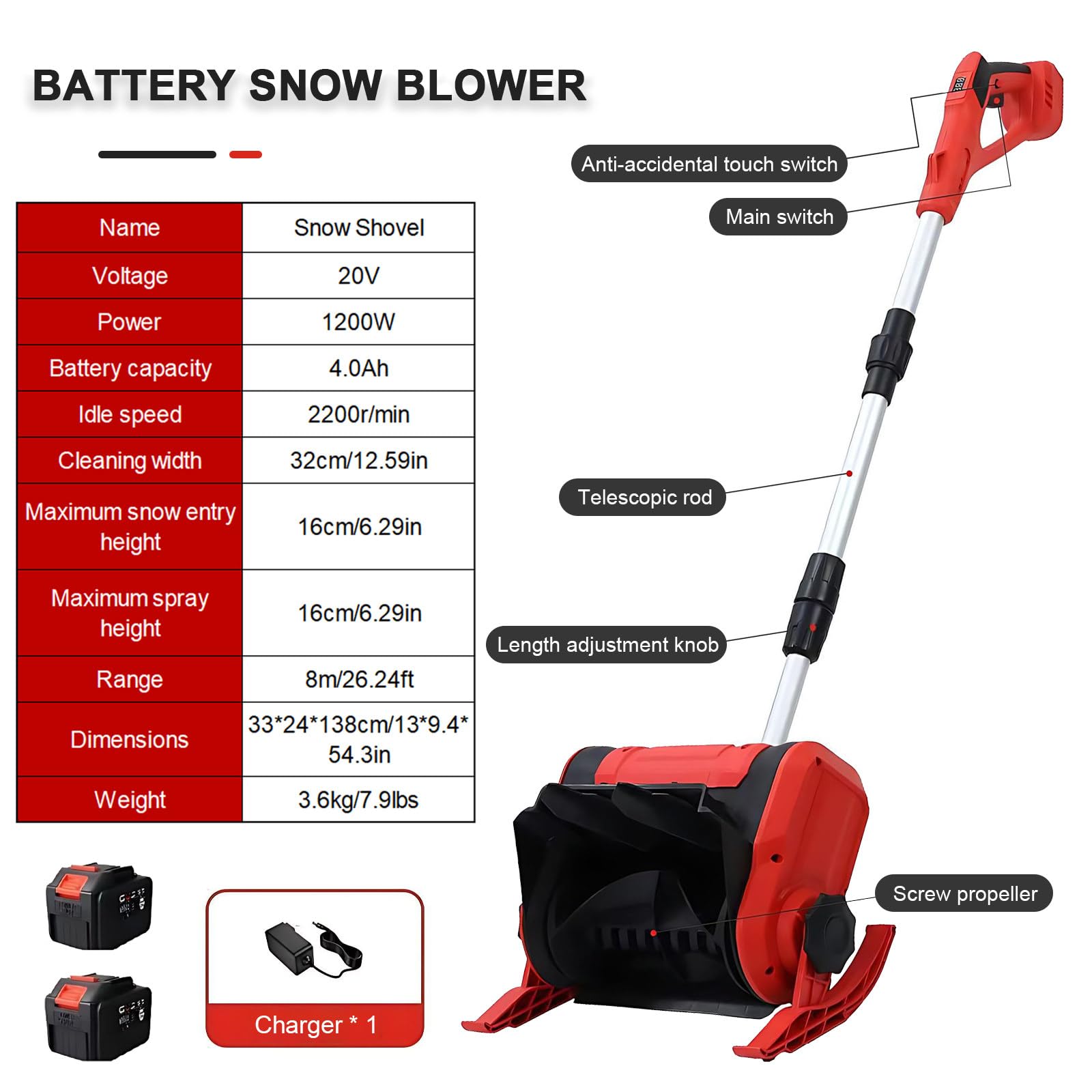 Fresa spazzaneve a Batteria 20 V, Larghezza di Lavoro 32 cm, Altezza Neve Max. 16 cm, Batteria 4000 mAh e Caricabatterie rapido, per la Pulizia del vialetto