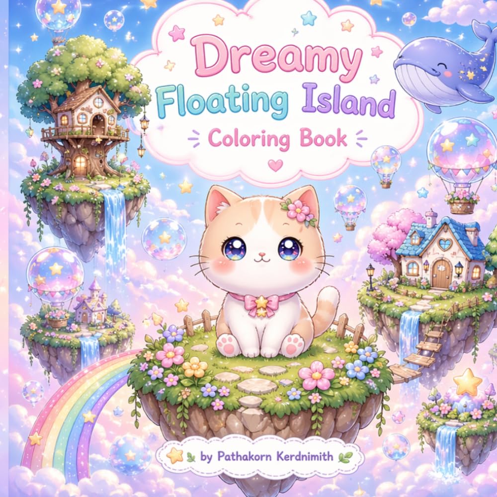 Dreamy Floating Island Coloring Book: Cute Kawaii Animal Adventures in a Magical Sky World for Kids Teens Adults