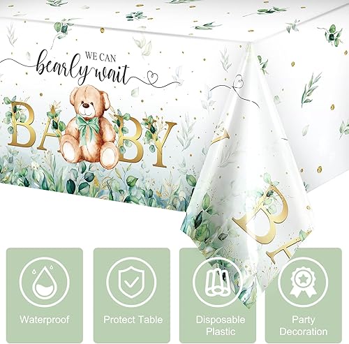 Miniatura 9 de Mantel de plástico para baby shower, con texto en inglés We Can Bearly Wait, mantel con diseño de oso y estrellas para fiesta de cumpleaños de niños