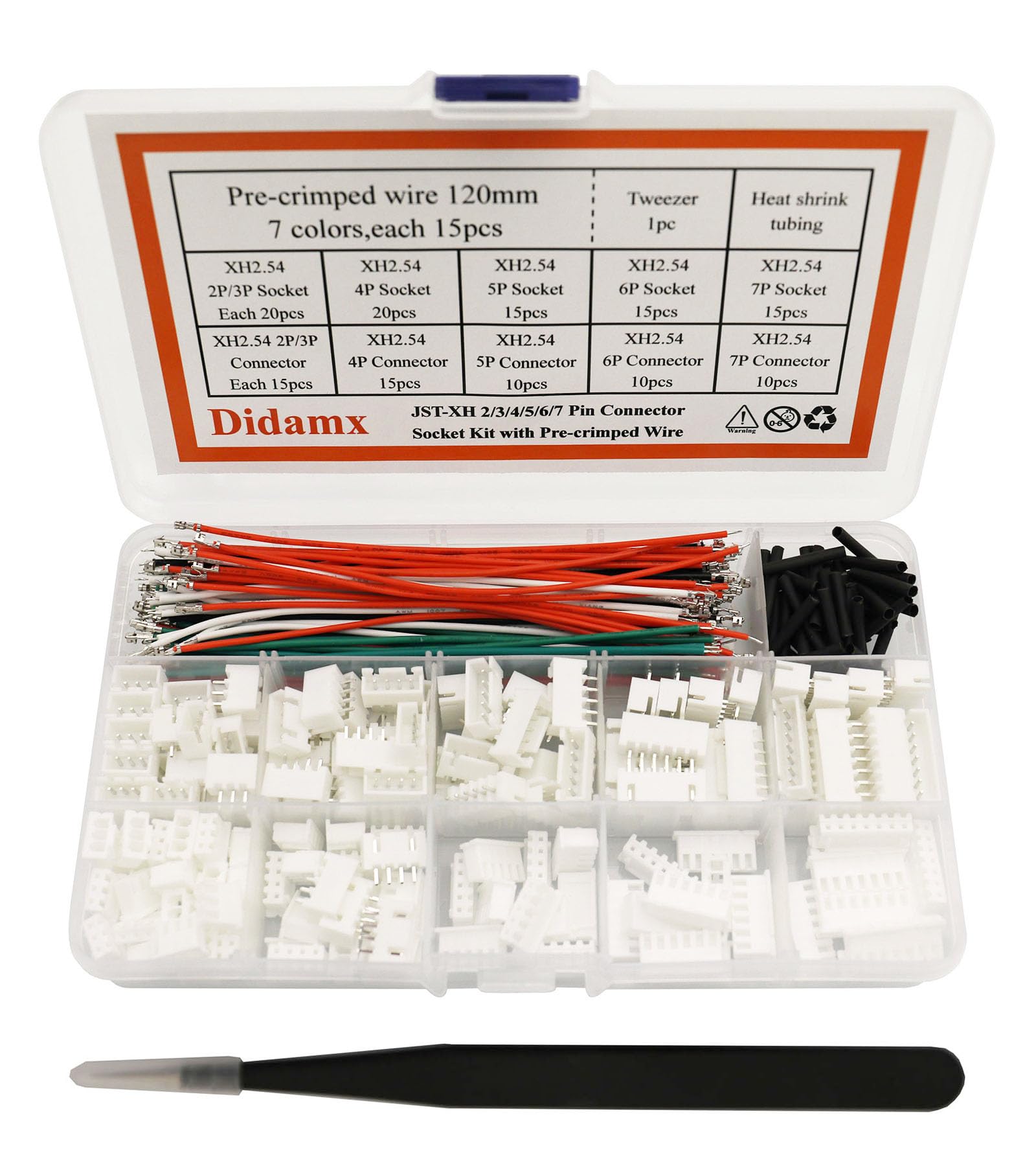 Didamx JST XH 2.54mm Connector Socket Kit with 22AWG Pre-Crimped Wire XH 2/3/4/5/6/7 Pin Male Female Connector Plug and 105pcs 7 Colors Pre-Crimped