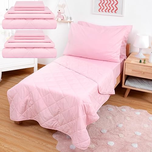 Miniatura 3 de Peryiter Juego de ropa de cama de 10 piezas para niños pequeños, juego de sábanas para niños pequeños, color rosa, incluye edredón, sábana encimera,