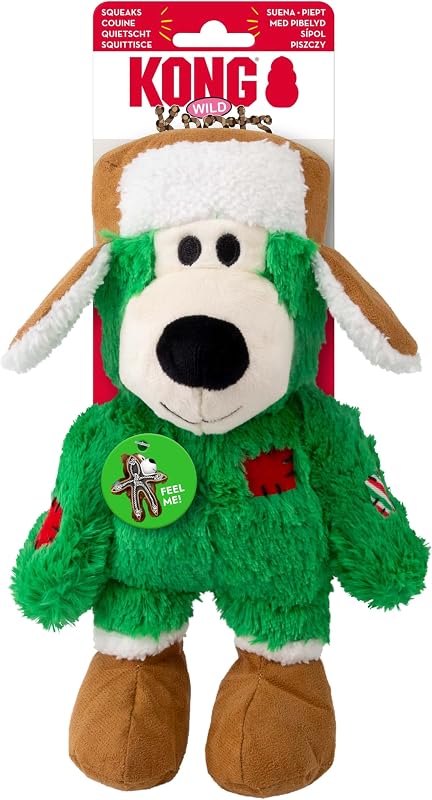 KONG Christmas Holiday Wild Knots Bear Dog Toy: esqueleto de cuerda duradero, chirrido para un juego duradero, menos relleno para menos desorden, colores variados (1 paquete, mediano/grande)