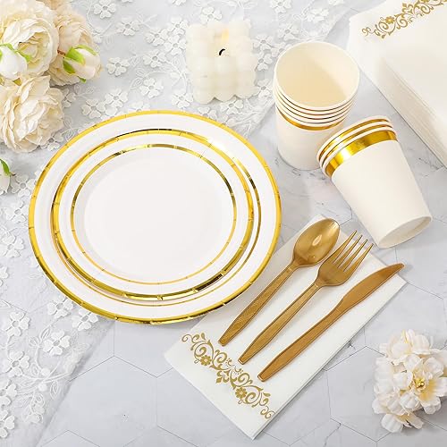 Miniatura 6 de meekoo Juego de vajilla desechable de 350 piezas para 50 invitados, platos de postre de 9 y 7 pulgadas, servilletas con borde dorado, cuchillos de