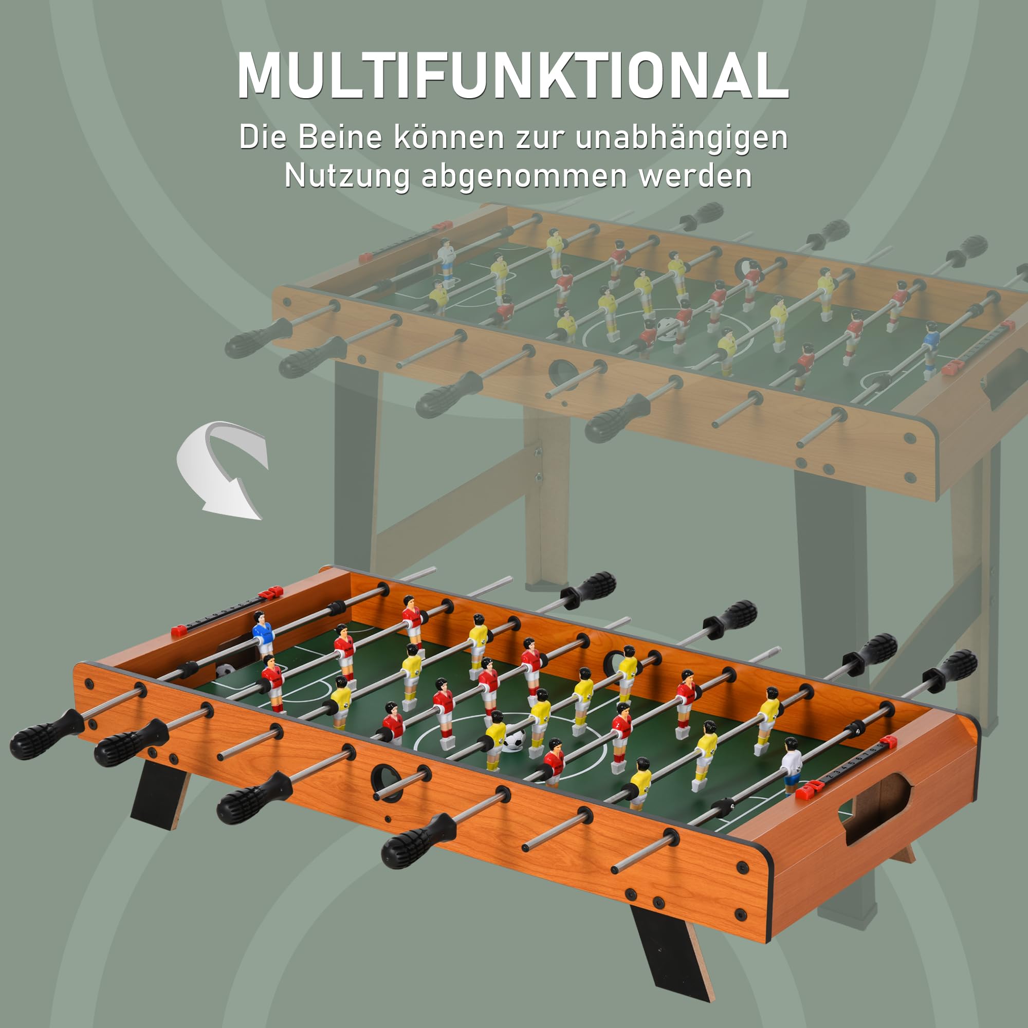 HOMCOM Mini Tischkicker mit 2 Beinsätzen, tragbarer Kickertisch mit 22 Spielern 2 Kickerbälle Holz-Optik Tischfussball für Jugendliche Erwachsene, für Spielzimmer, 84,5 x 40 x 61,2 cm, Naturholz