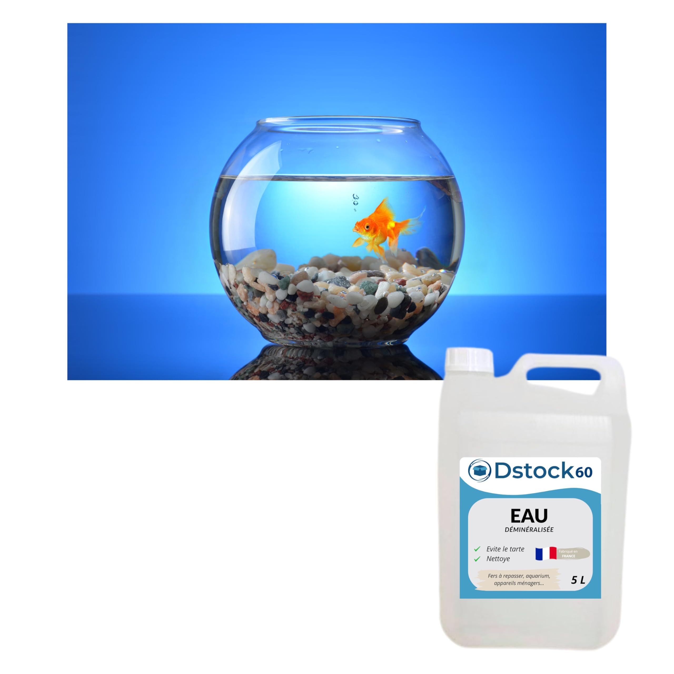 DSTOCK60 - Eau déminéralisée 5L – Fabrication Française – Haute Pureté pour Fer à Repasser, Batterie, Nettoyage, Vapeur, Aquarium – Qualité Premium - 3 bidons