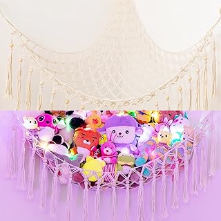 Stuffed Animal Storage Macrame Stuffed Animal Net or Hammock Toy Hammock Stuffed Animal Holder Hanging Stuffed Animal Organizer Plushie Net for Stuffed Animals Corner, Beige