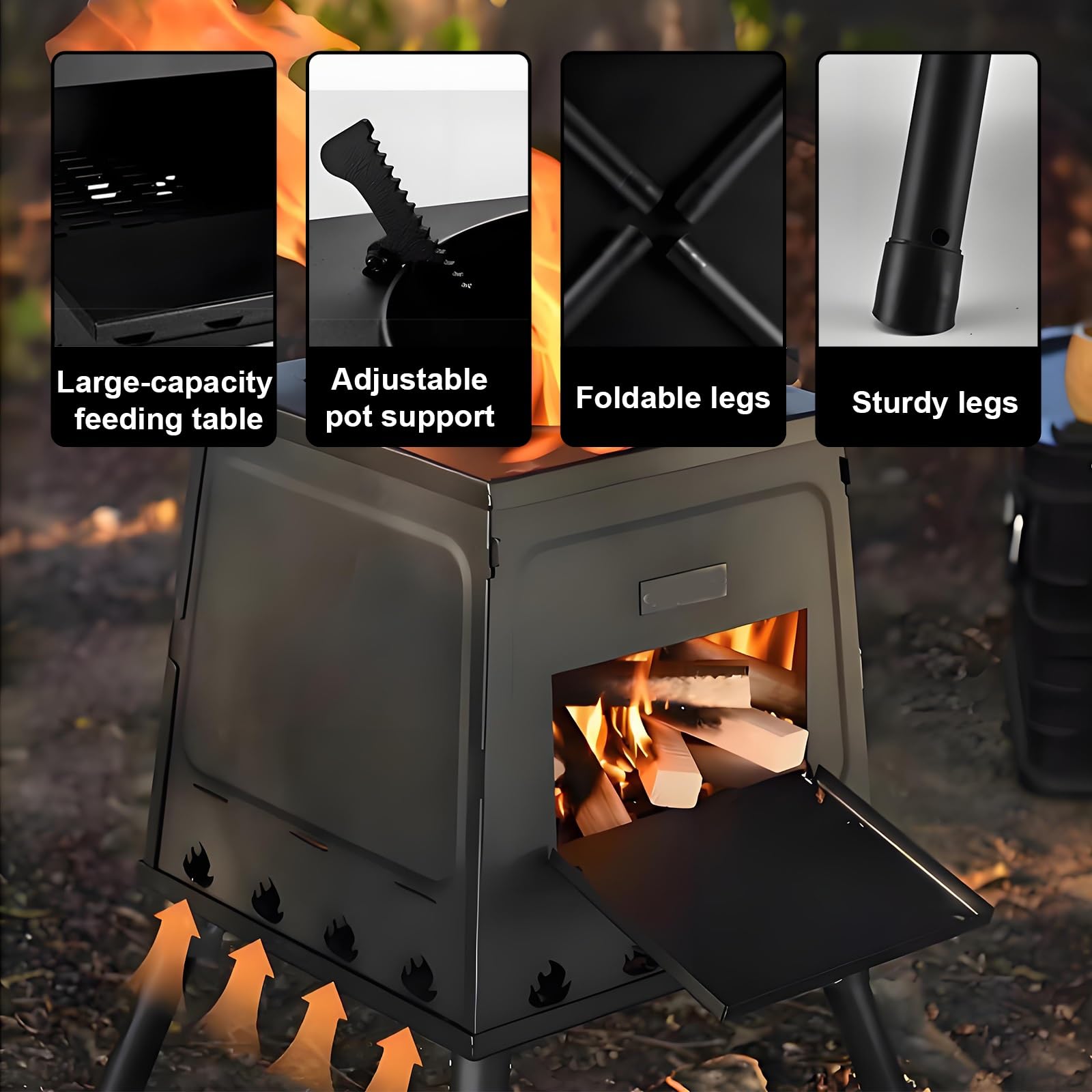 Stufa a Legna Portatile In Ghisa per Campeggio Stufas In Acciaio al Carbonio a Riscaldamento Rapido con Gambe Pieghevoli e Accessori(22 * 19 * 36cm)