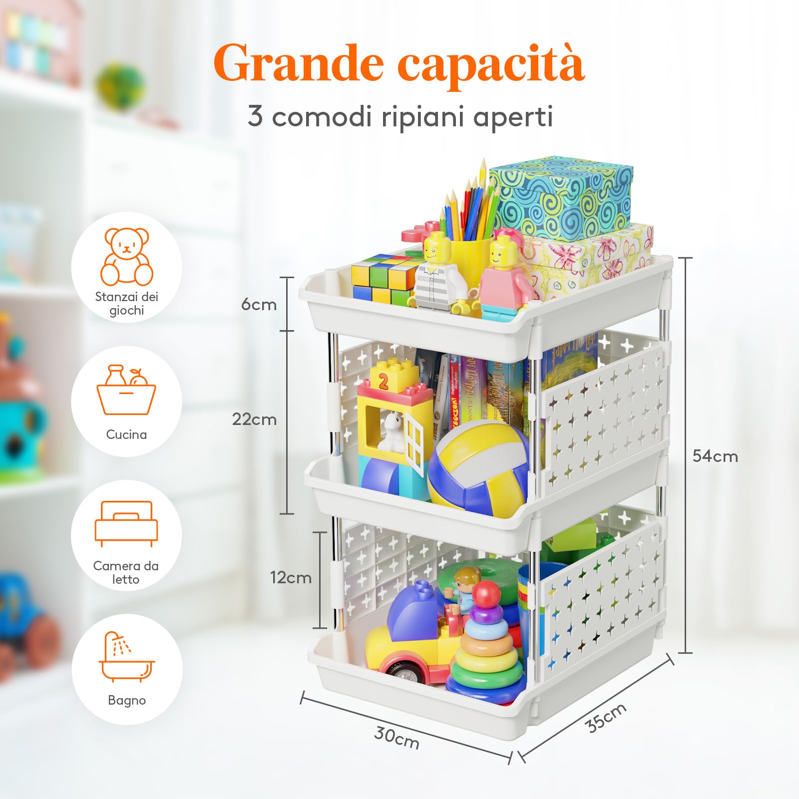 Lifewit Cassetti Impilabili, Plastica Scaffale Portaoggetti Cucina Cassettiera Armadio Interna, Organizer Portaoggetti, 35 x 30 x 54 cm, Bianco, 3 Livelli