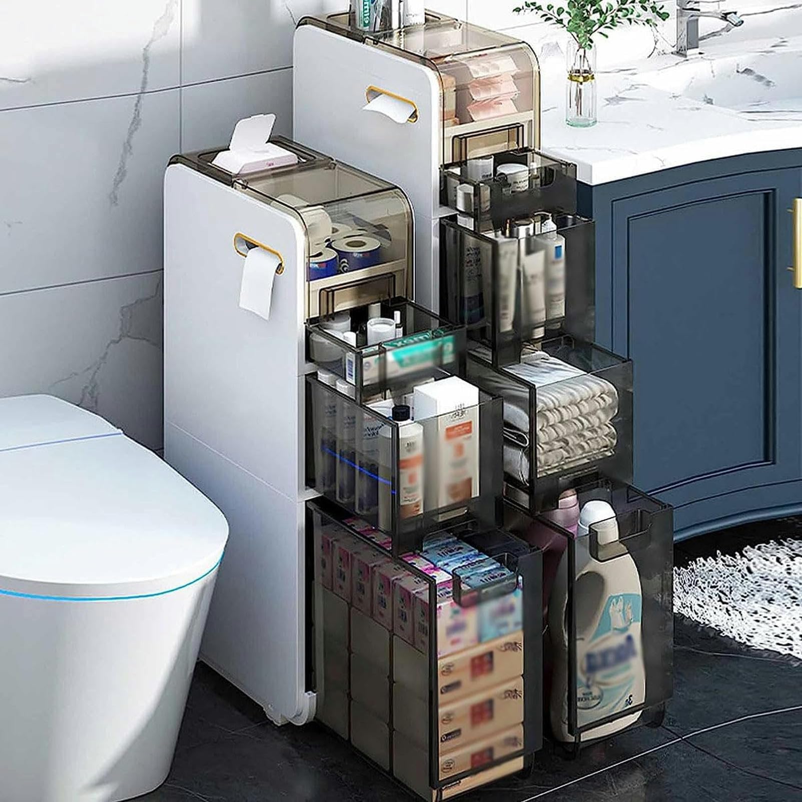 Cajones de almacenamiento apilables, gabinete de piso para baño de 2/3/4 niveles, gabinete de almacenamiento para baño con puertas y estantes, Torre de almacenamiento del