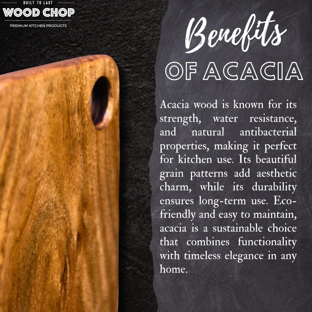 Wood Chop Single Piece Solid Acacia Wood Cutting Board | Reversible | No Dyes or Polish/Varnish | Natural Finish | 15 x 9 x 0.5 Inch (Acacia Large) | Durable & Handcrafted - 1 Year Warranty 2