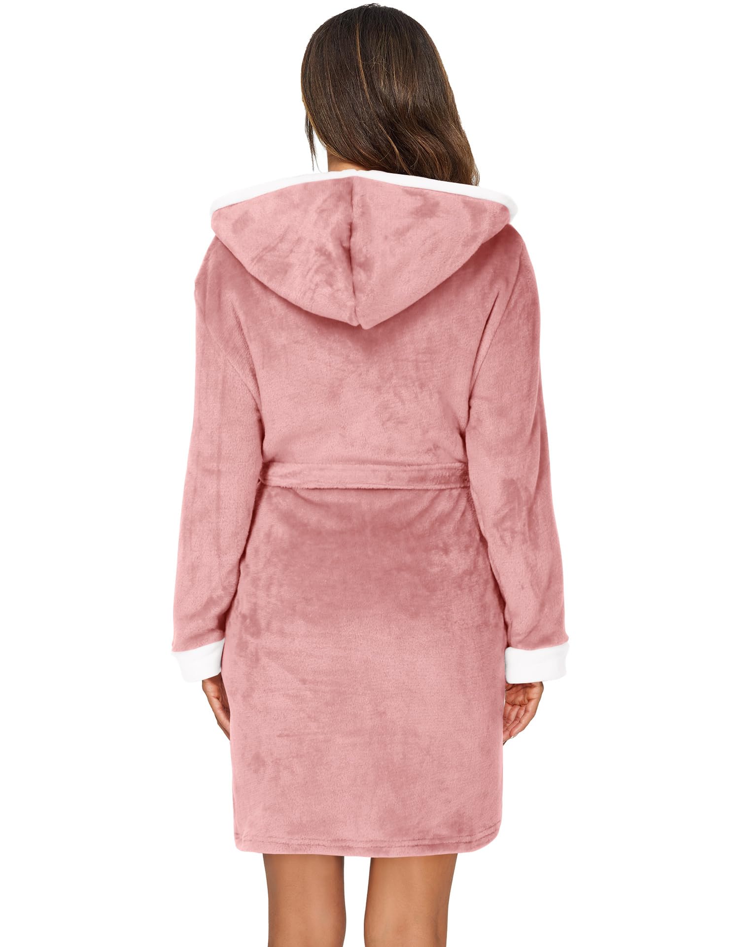 Albornoz Rosa con Capucha para Mujer, Ligero, Suave, de Franela Afelpada con Cuello En V, Cómodo, Esponjoso, Cálido y con Bolsillos para El Invierno.