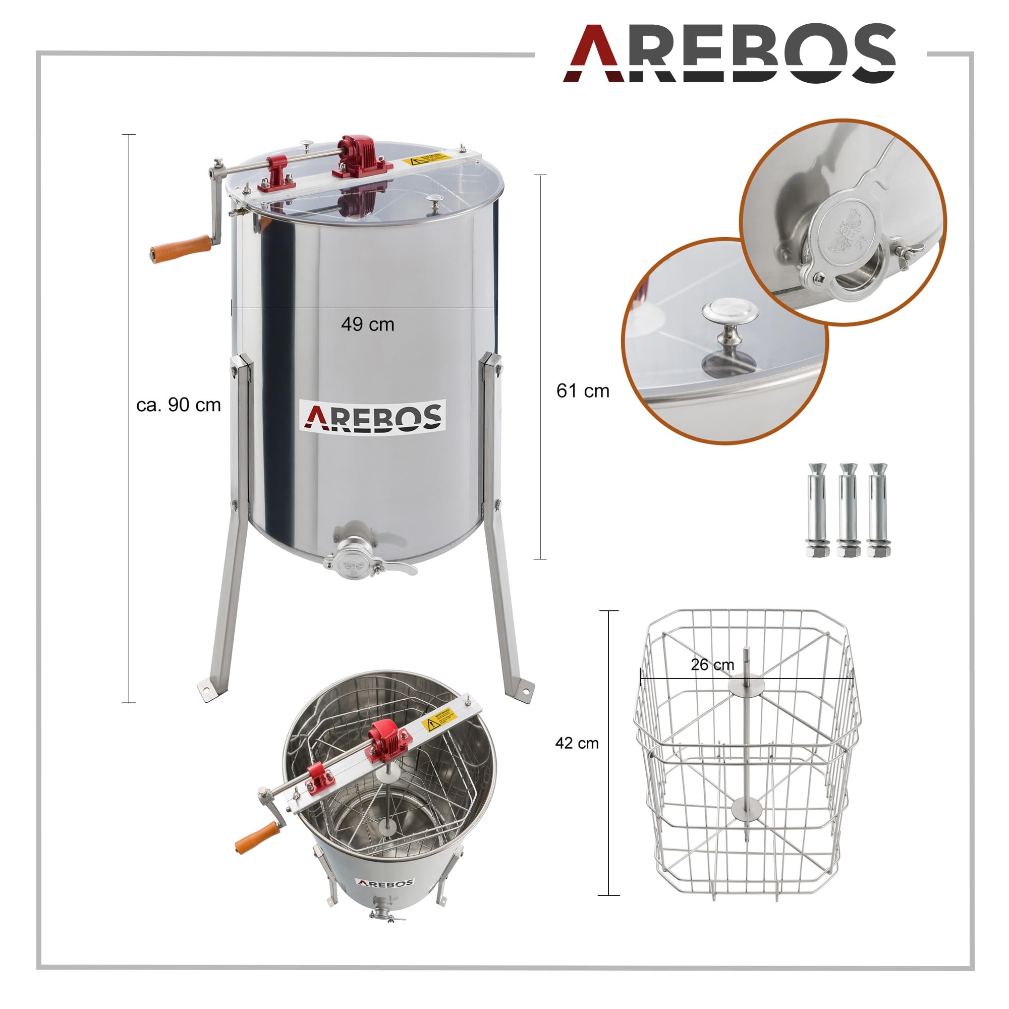 Arebos Premium Manuelle Honigschleuder | 4 Waben Rahmen | Extraktor Tangentialschleuder Edelstahl | Honigextractor mit Deckel | Imkerei und Bienenzüchter Zubehör
