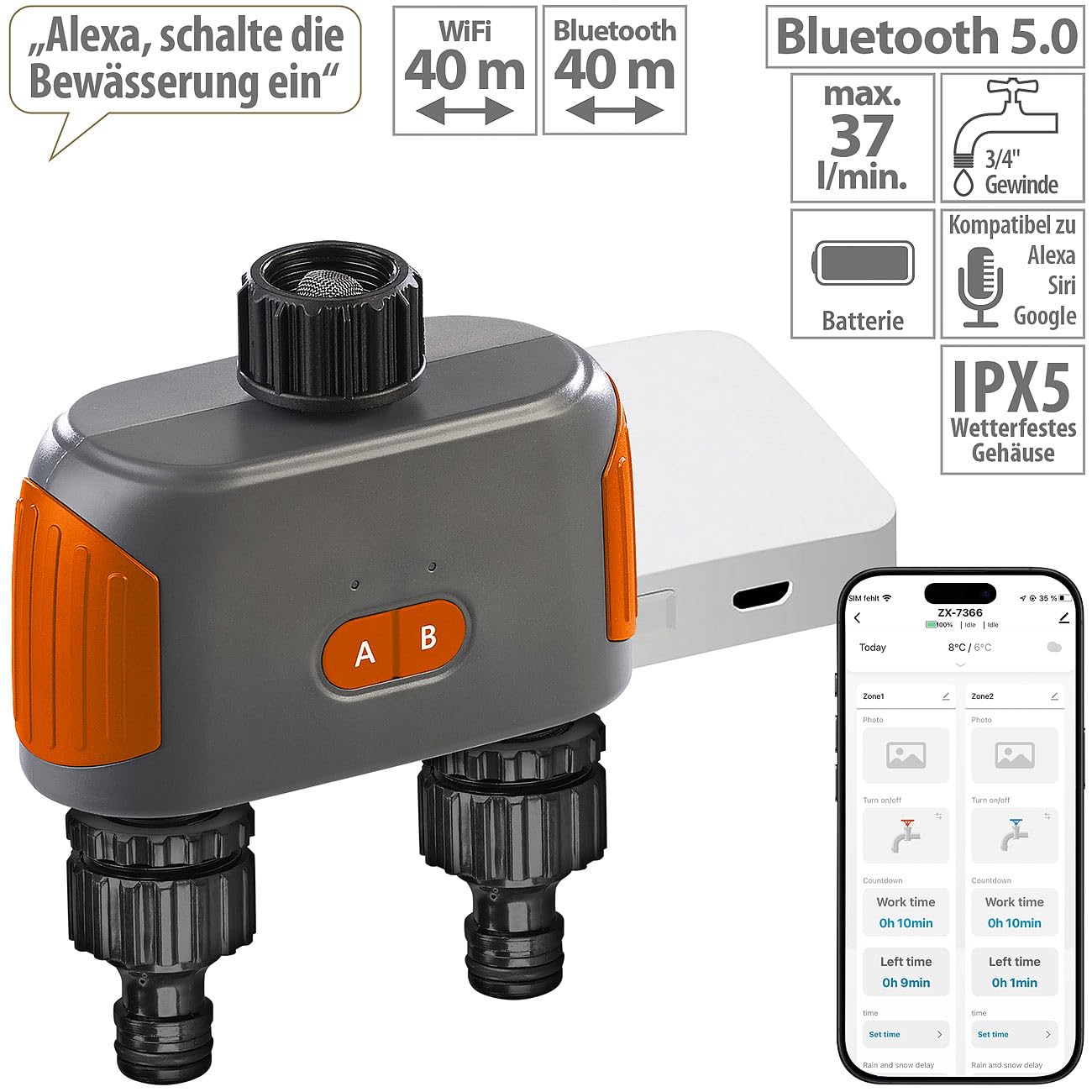 Royal Gardineer Bewässerungsventil WLAN: 2-Zonen Bewässerungssystem, Timer, manuell & App, BT5 & WLAN Gateway (WiFi Bewässerung, Bewässerungscomputer, Garden)