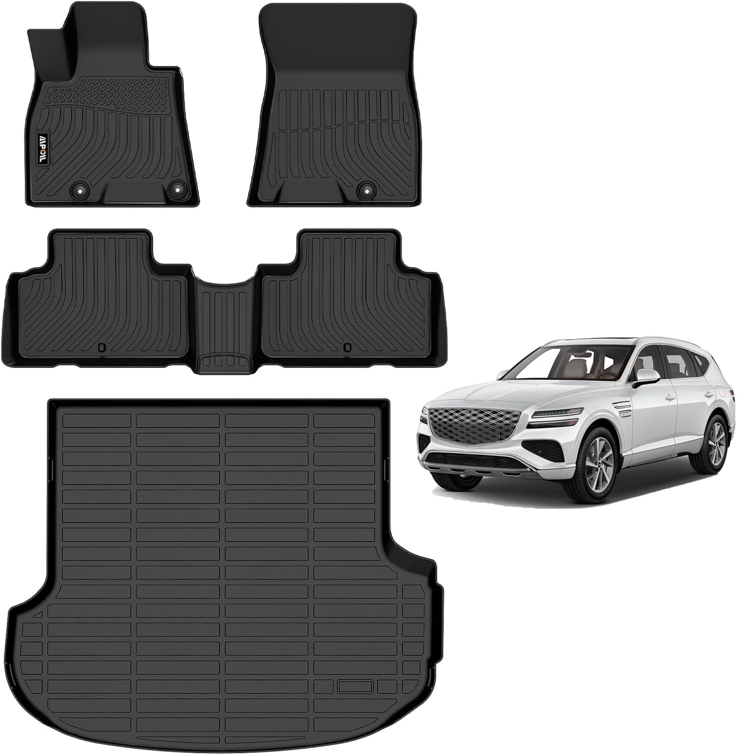 AIPOIL® Floor Mats & Cargo Liner Set for 2021-2026 Genesis GV80 (Only fit 5 Seats) All Weather Protection TPE Anti-Slip Automotive Full Set Custom Car Mats Accessories - Black 25) For GV80 2021-2026 Floor Mats