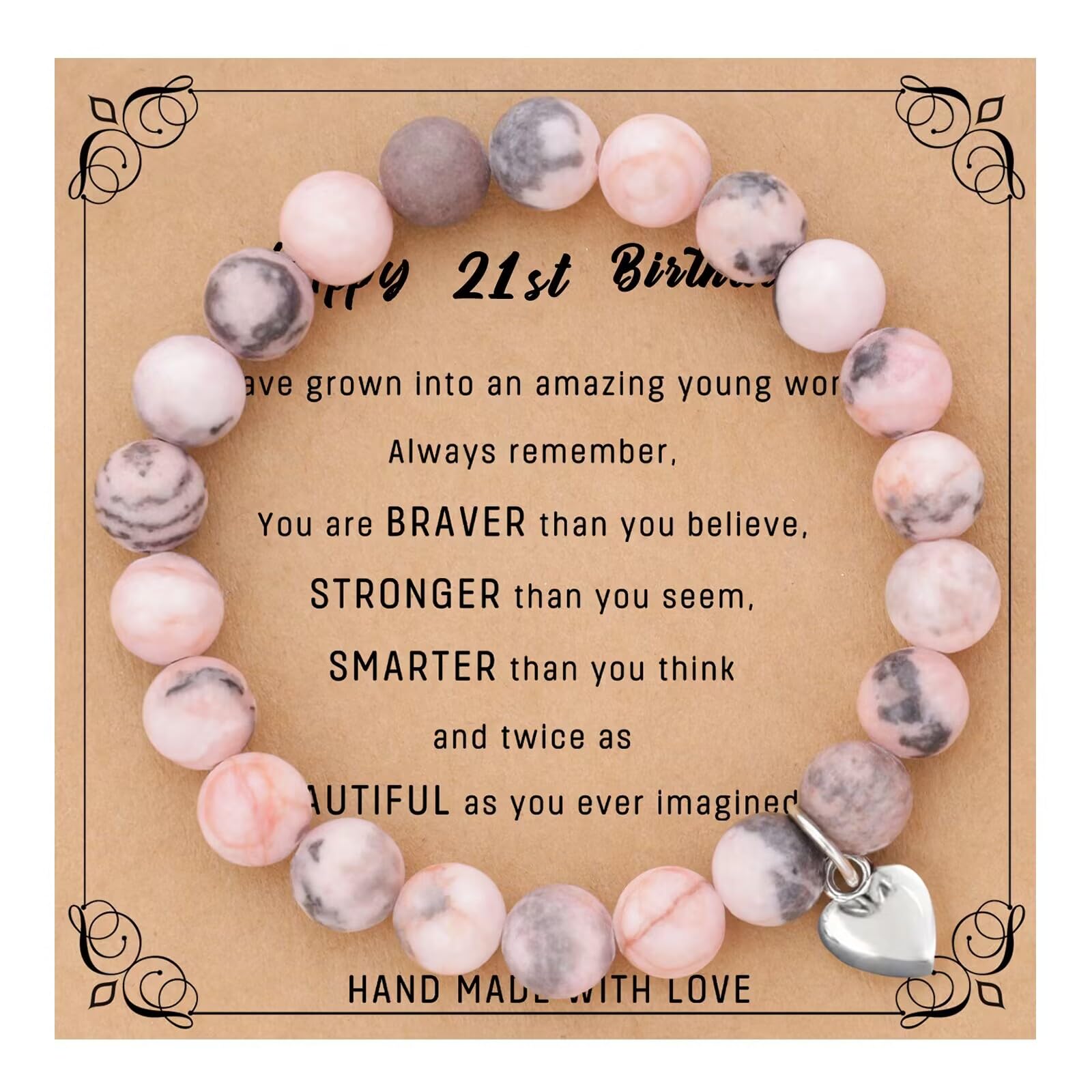 NANOOER 21th Birthday Gifts for Women, Funny Natural Stone Heart Bracelets Gifts for Women,Teen, Girls, Her, Best Friend, Girlfriend, Mom, Grandma, Wife, Sister, Teacher, Aunt (Pink)