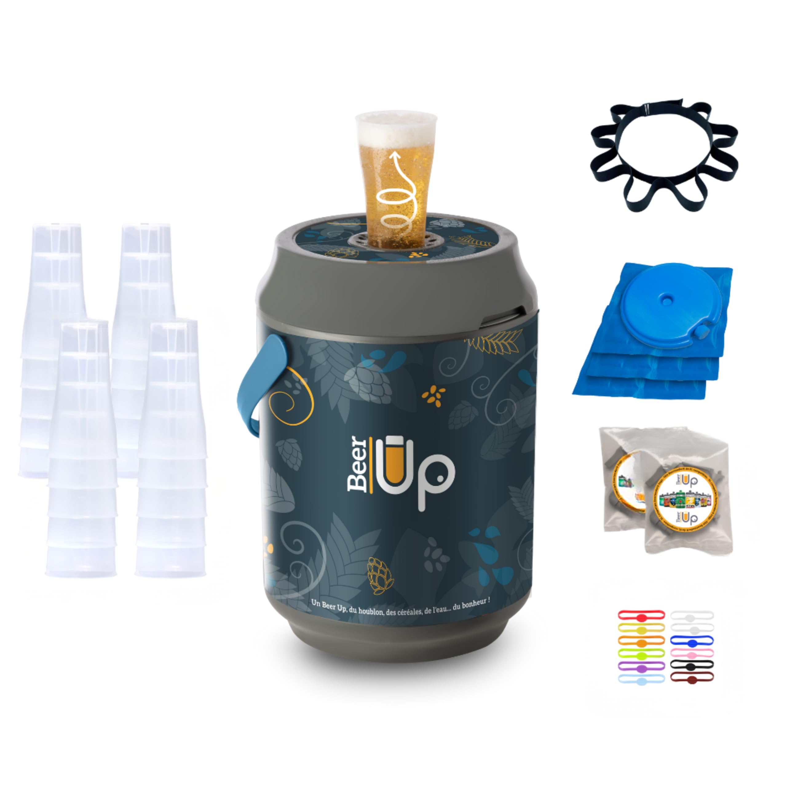 BeerTender® BEER UP Tireuse à bières portative 20 verres 4 kits fûts 1 ceinture porte verres 12 marqueurs 20h de froid remplissage par le fond