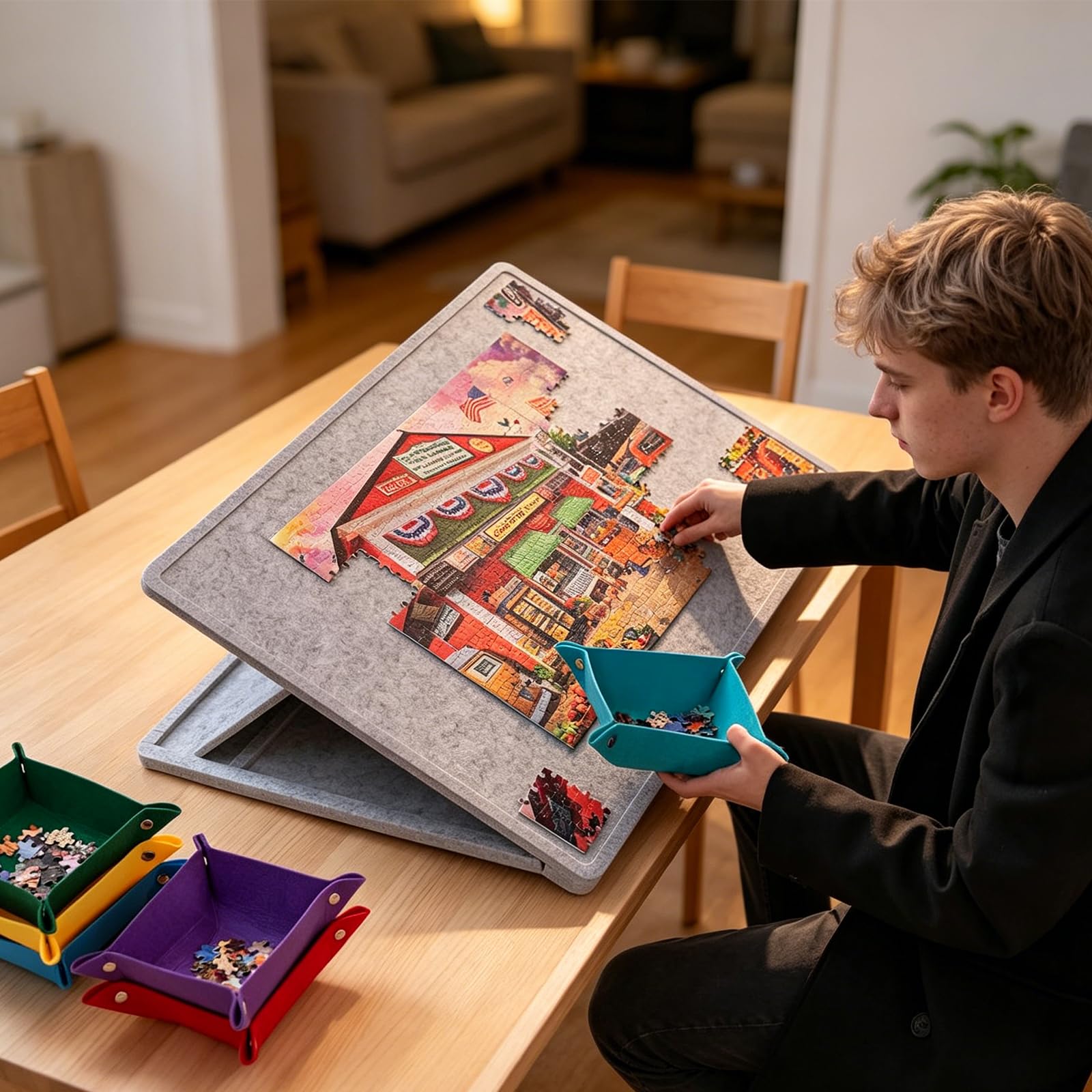 Przenośna deska do puzzli, 1000 elementów, mata do puzzli z regulowanym stojakiem, 6 przegródek do sortowania i etui ochronnego, filcowa deska do sortowania puzzli i organizerów
