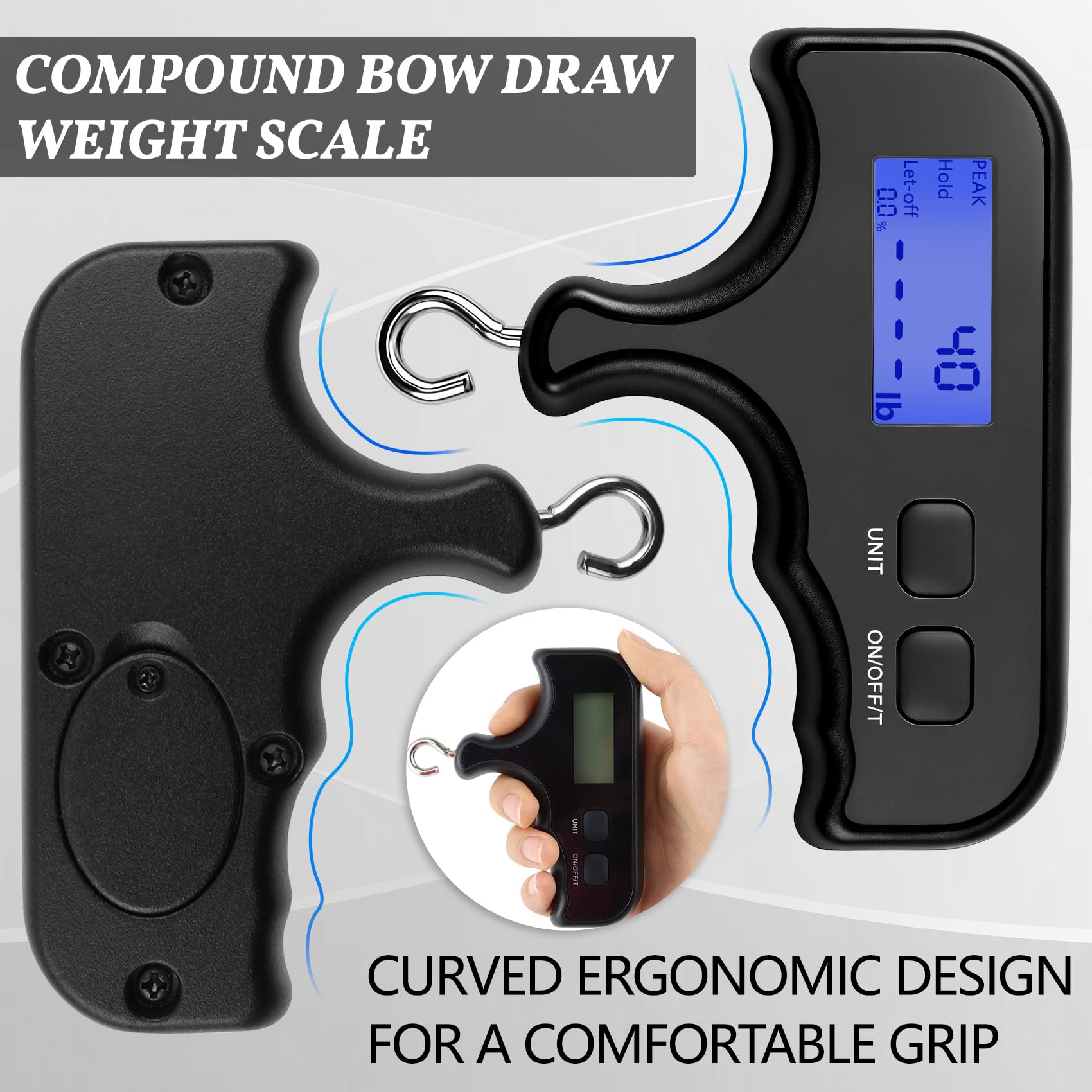 Báscula digital portátil para arco, 110 libras/50 kg, báscula de mano de alta precisión con gancho y sujeción de pico, báscula electrónica colgante para afinación de arco, arco compuesto, arco recurvo