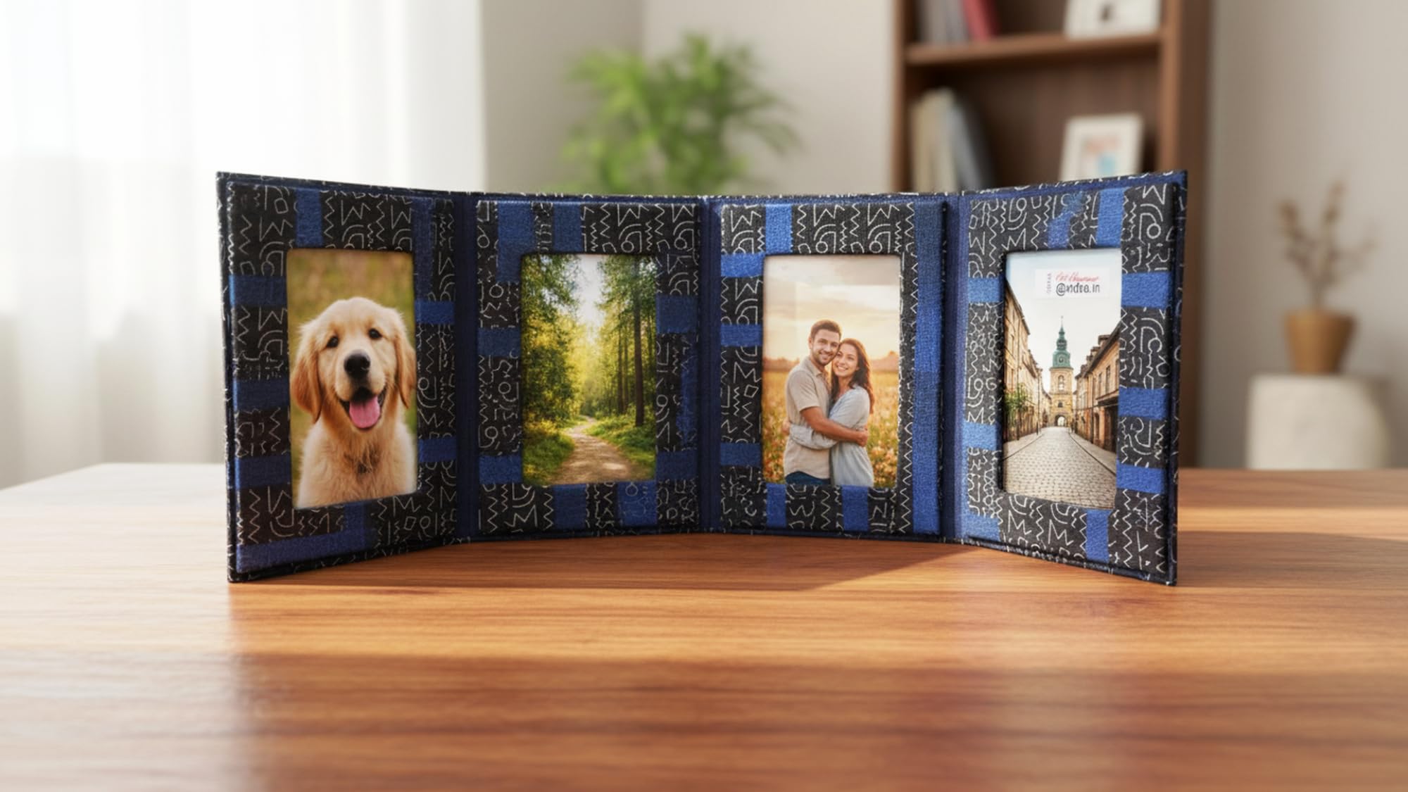 Indha Handmade 4-in-1 Photo Frame Folder | Abstract Print Dupion Silk Cover | 5 x 7 Inch Decorative Photo Frame | Elegant Gift for All Occasions (Blue)