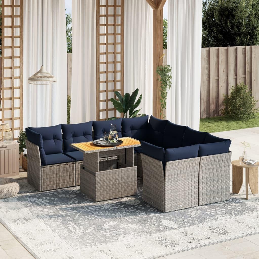9 Piece Patio Sofa Set with Cushions Gray Poly Rattan Outdoor Seating Set Garden Seating Ensemble for Pond Garden