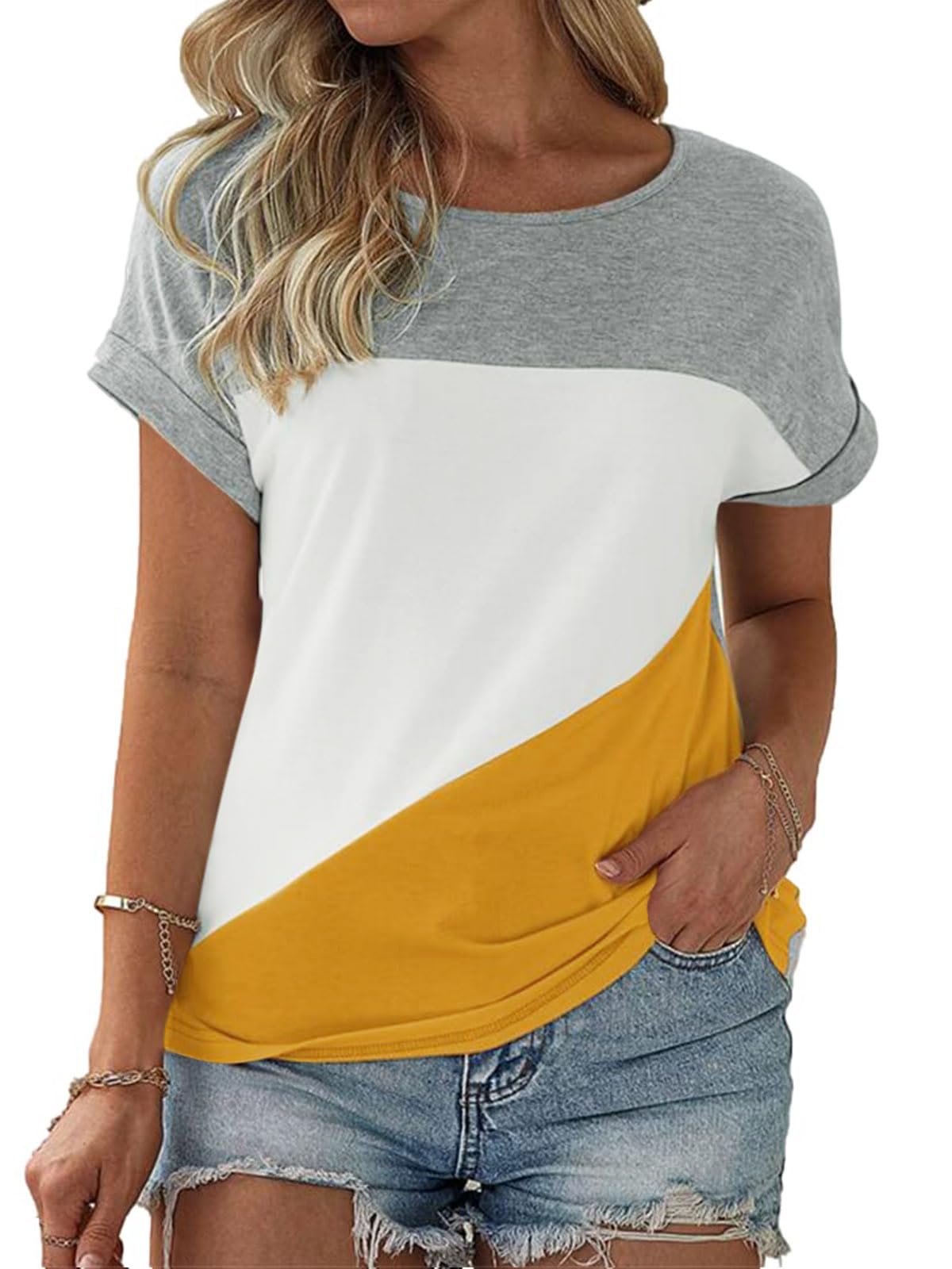Fisoew Damen T-Shirt Rundhals Farbblock Kurzarm Shirt Casual Oberteil Sommer Locker Baumwolle Tee Tops (Gelblich, S)
