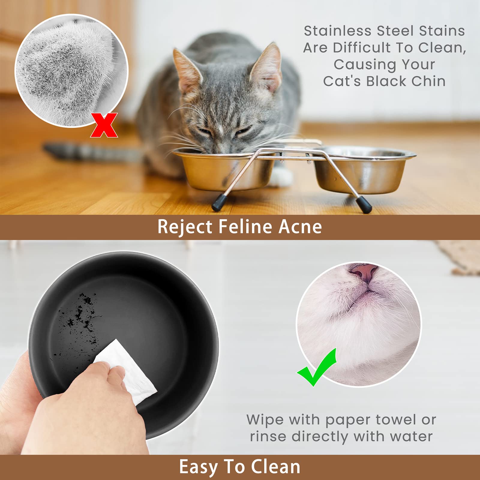 KPWACD Ceramic Pet Bowls for Dog and Cat, Raised Dog Food and Water Bowl Set with Anti-Slip Wooden Stand, Black Pets Dish Feeding Bowls Suitable for Small, Medium and Big Cats Dogs, 28 OZ