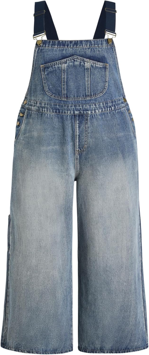 CIDER Women’s Plus Size Denim Overall Bib Wide Leg Adjustable Strap Jean Jumpsuits with Pockets