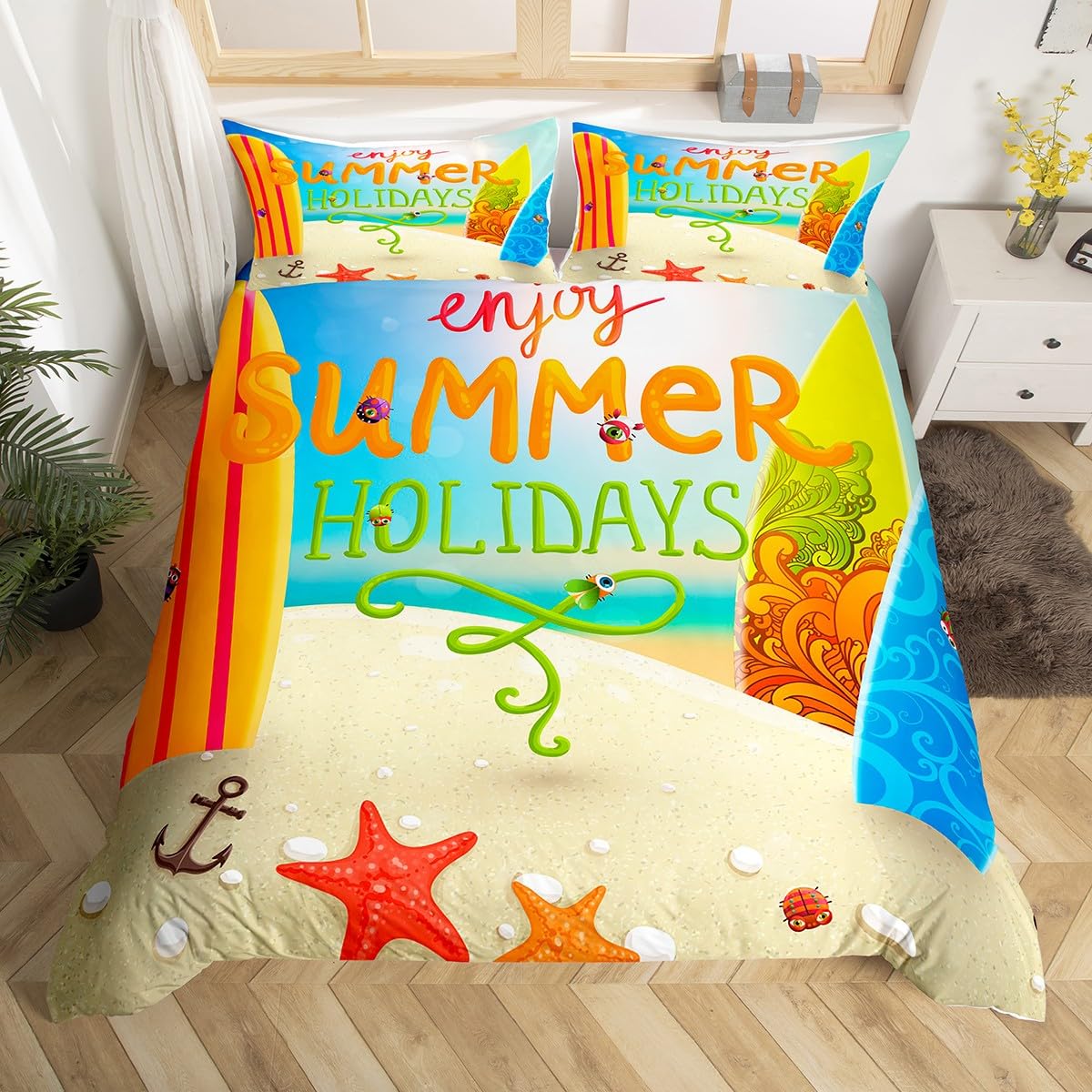 Manfei Summer Beach Duvet Cover Set Single Size, Sea Shell Anchor Surfboard Starfish Comforter Cover with 1 Pillowcase, Tropical Theme Bedding Set 2pcs for Kids Boys Girls Lightweight Bedspread Cover โ image 1