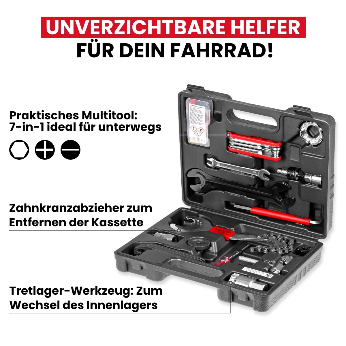 WALTER Fahrrad-Werkzeugkoffer 18- tlg. Fahrrad Werkzeug-Set, hochwertiger Multifunktionskoffer, robuster Transportkoffer, auch perfekt geeignet für Hobbybiker, ausgestattet mit wichtigsten Werkzeugen