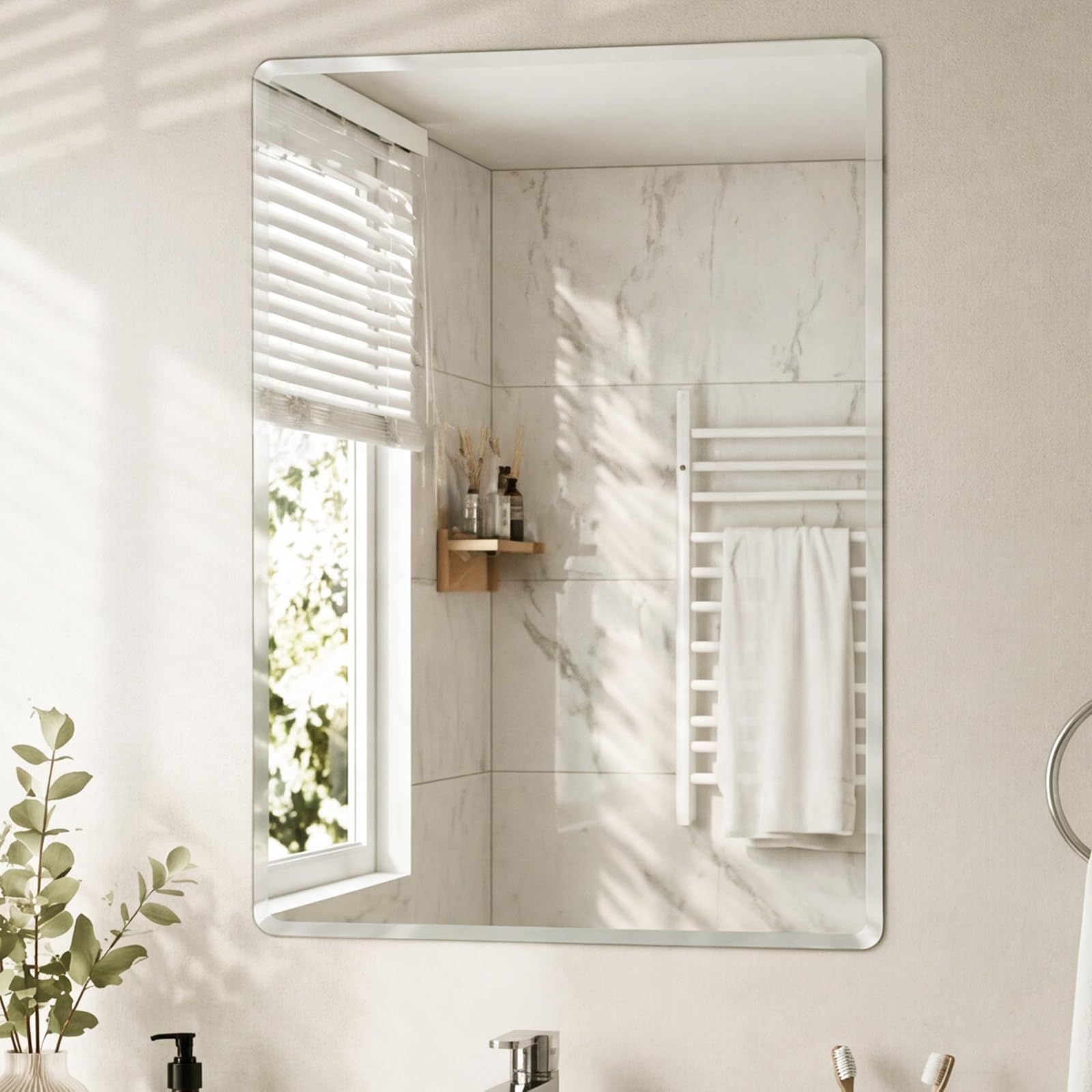 Yezi Bathroom Wall Mirror, 60 x 45cm Rectangular Frameless Bevelled Edge Wall-Mounted Mirror with Pre-Drilled Holes, HD Glass Mirrors for Bathroom, Hallway, Bedroom