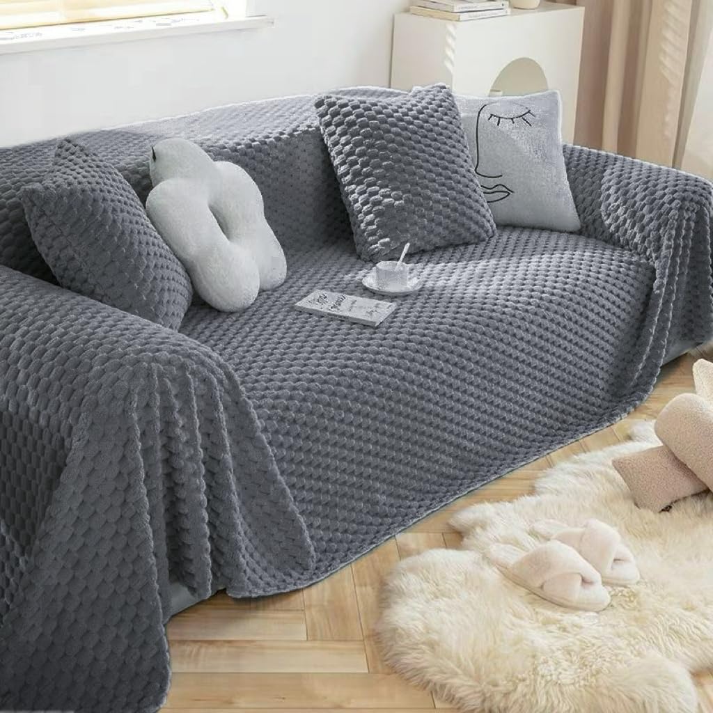 Styleys Luxury Rabbit Plush Sofa Cover – Ultra Soft Sofa Blanket & Towel | Non-Slip Couch Protector | Stylish Throw for Living Room & Bedroom - 3 Seater - 330X180cm, Dark Grey, XGBSFJ-2C-image-13