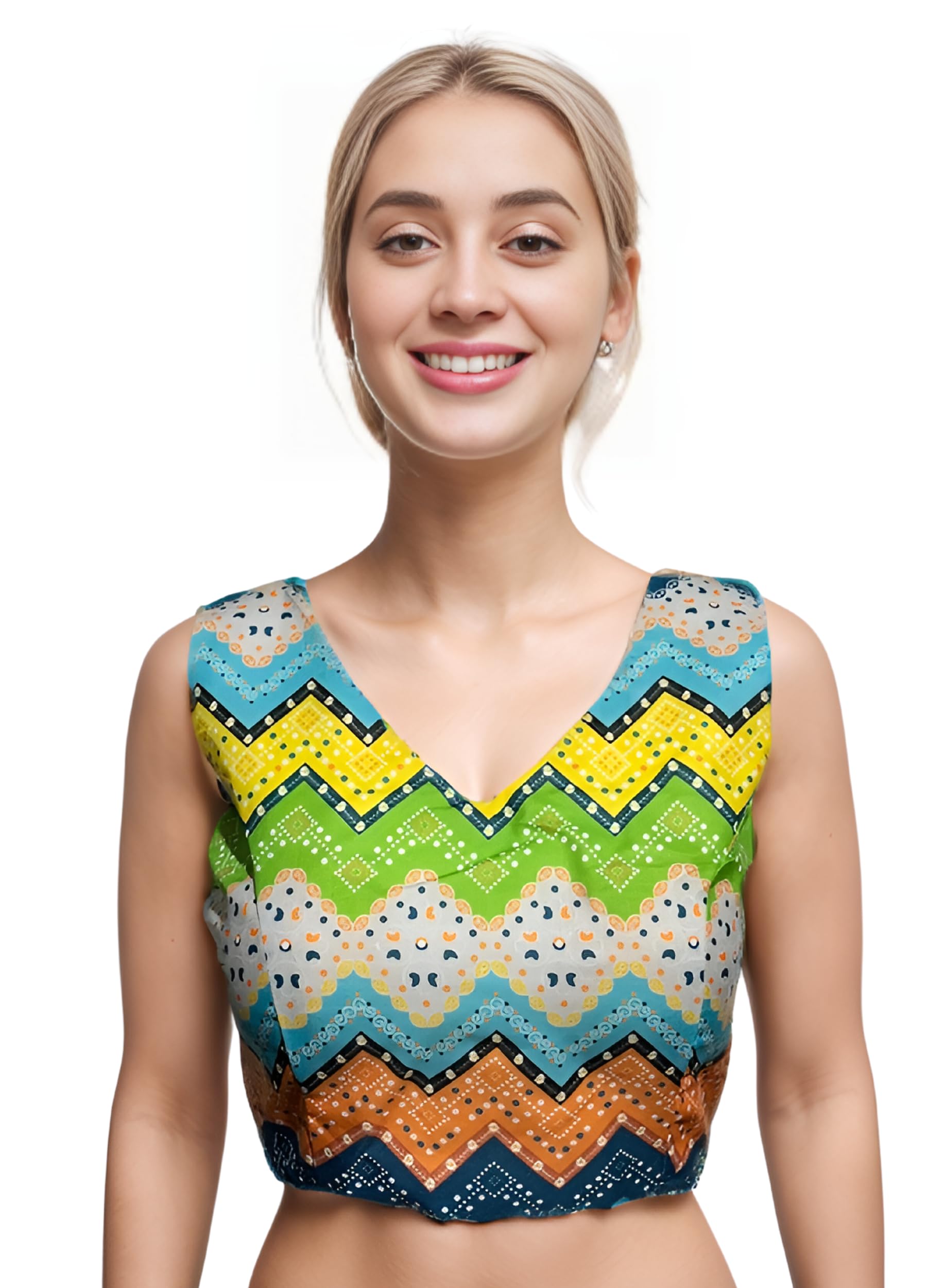 WIZULO TRENDZWomens Readymade V-Neck Printed Cotton Sleeveless Blouse