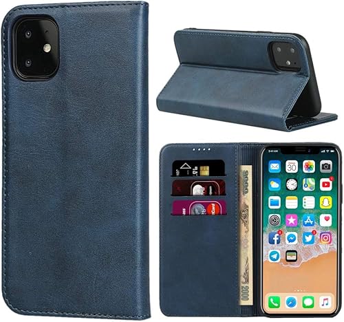Funda para iPhone 11, piel sintética, magnética, tipo libro tipo cartera, con ranuras para tarjetas, dinero en efectivo, color azul marino