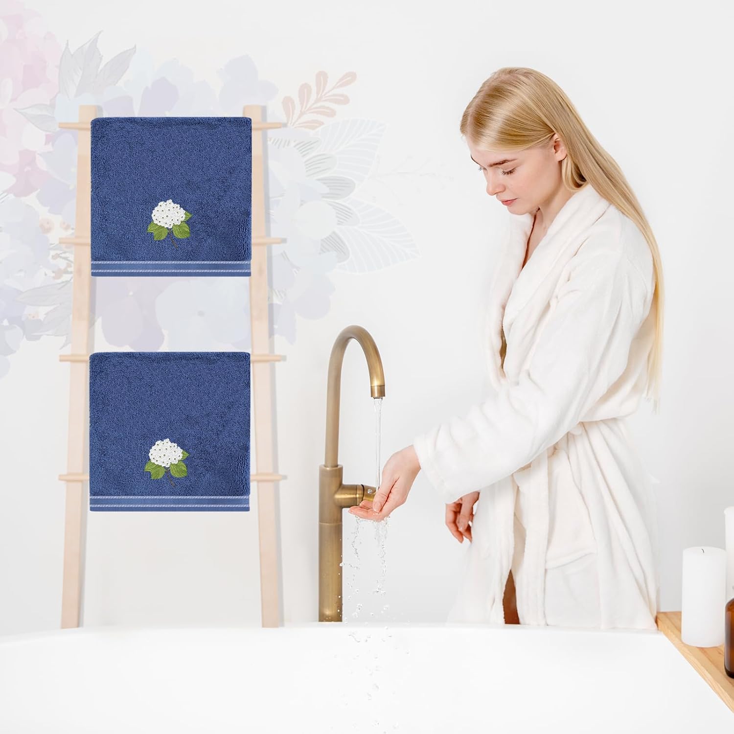 FYSUIMU 2 Pcs Hydrangea Floral Hand Towels Cotton Embroidered Bathroom Towels Blue White Flower Absorbent Bath Towel for Hand Drying Cleaning Cooking, 29.5 x 13.7 Inch