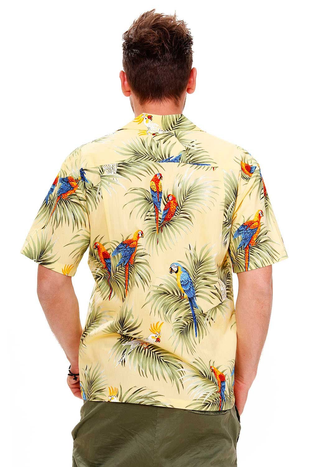 KY‘s | Original Camicia Hawaiana | Signori | S - 6XL | Maniche Corte | Tasca Frontale | Hawaii Stampa | Pappagallo | giallo