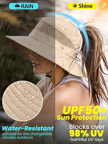 Miniatura 3 de Sombrero de sol con agujero alto para cola de caballo para mujer, protección UV UPF 50+, safari, senderismo, ala ancha, plegable, impermeable,