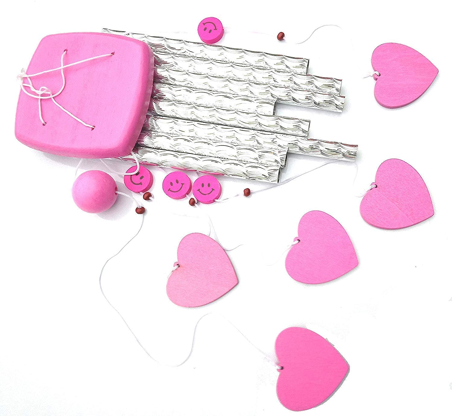 Love 2 Buy Wind Chime for Balcony with Good Sound Pink Heart with Pink Smiley Face for Positive Energy-Metal