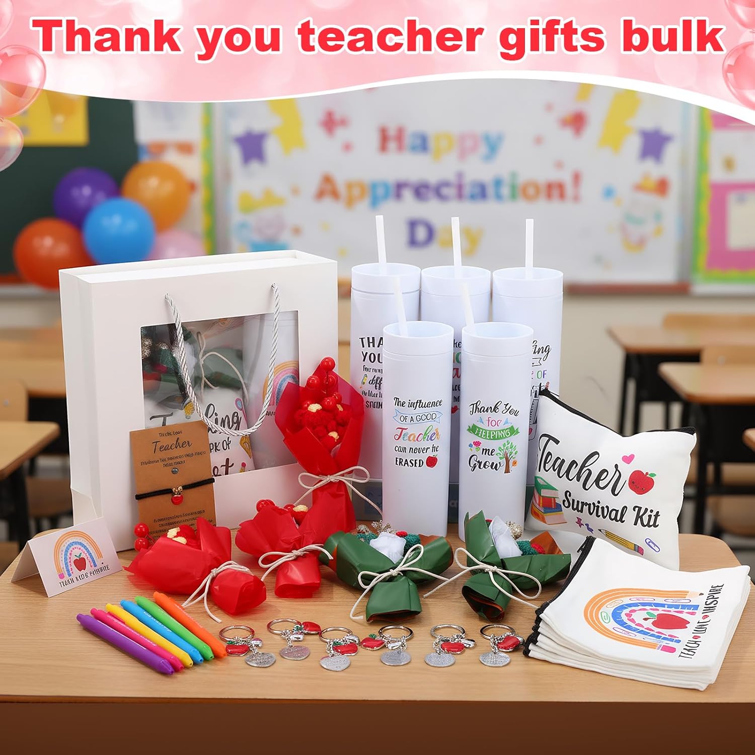 48 Pcs Teacher Appreciation Gifts Bulk for Women Thank You Tumblers with Straws Teacher Makeup Bags Bracelets Cards Keychains Pens Paper Gift Bags Artificial Flower Bouquets Sets - Image 4