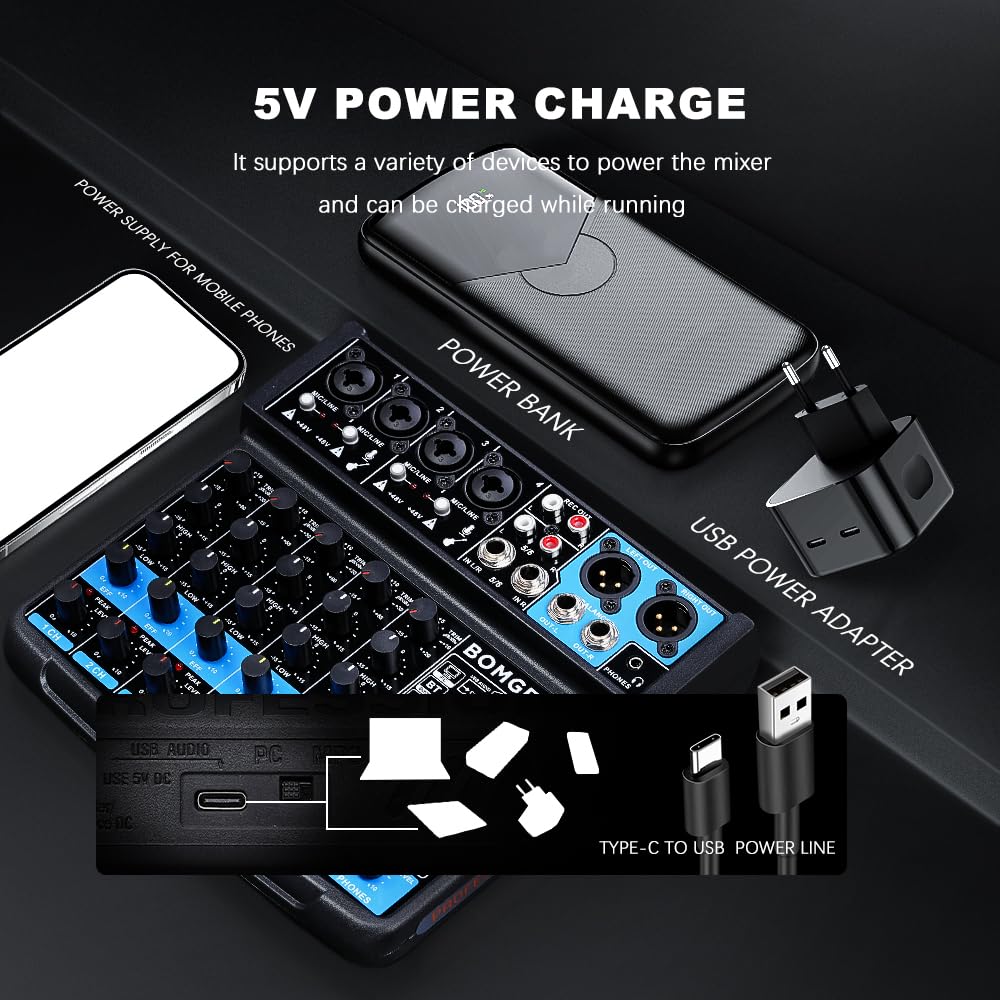 BOMGE Mini Mixer Audio DJ a 6 Canali con Interfaccia MP3 USB, Registrazione Stereo Bluetooth, Alimentazione Phantom 48V, DSP 99 per lo streaming di performance karaoke
