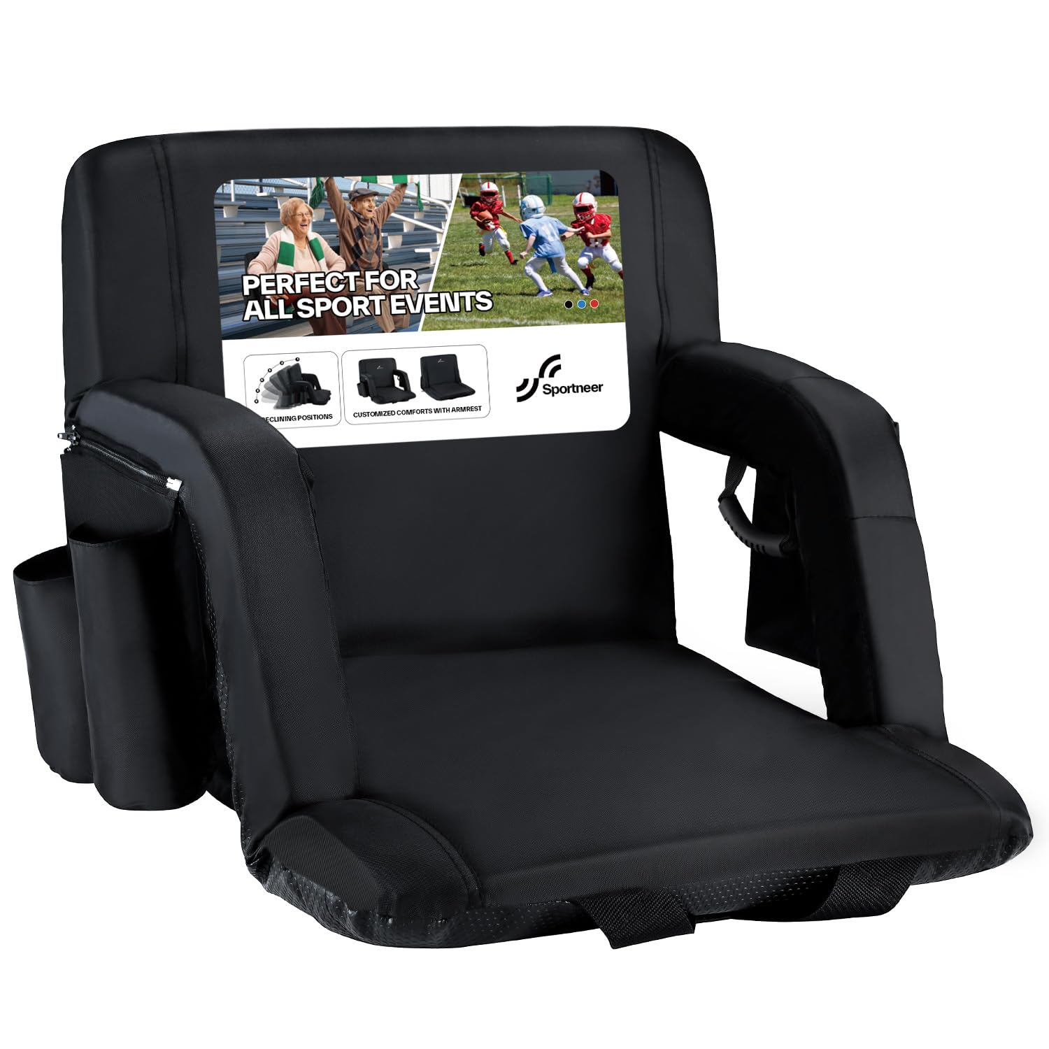 Sportneer Stadium Seat in black, shown from the front with armrests and pockets.