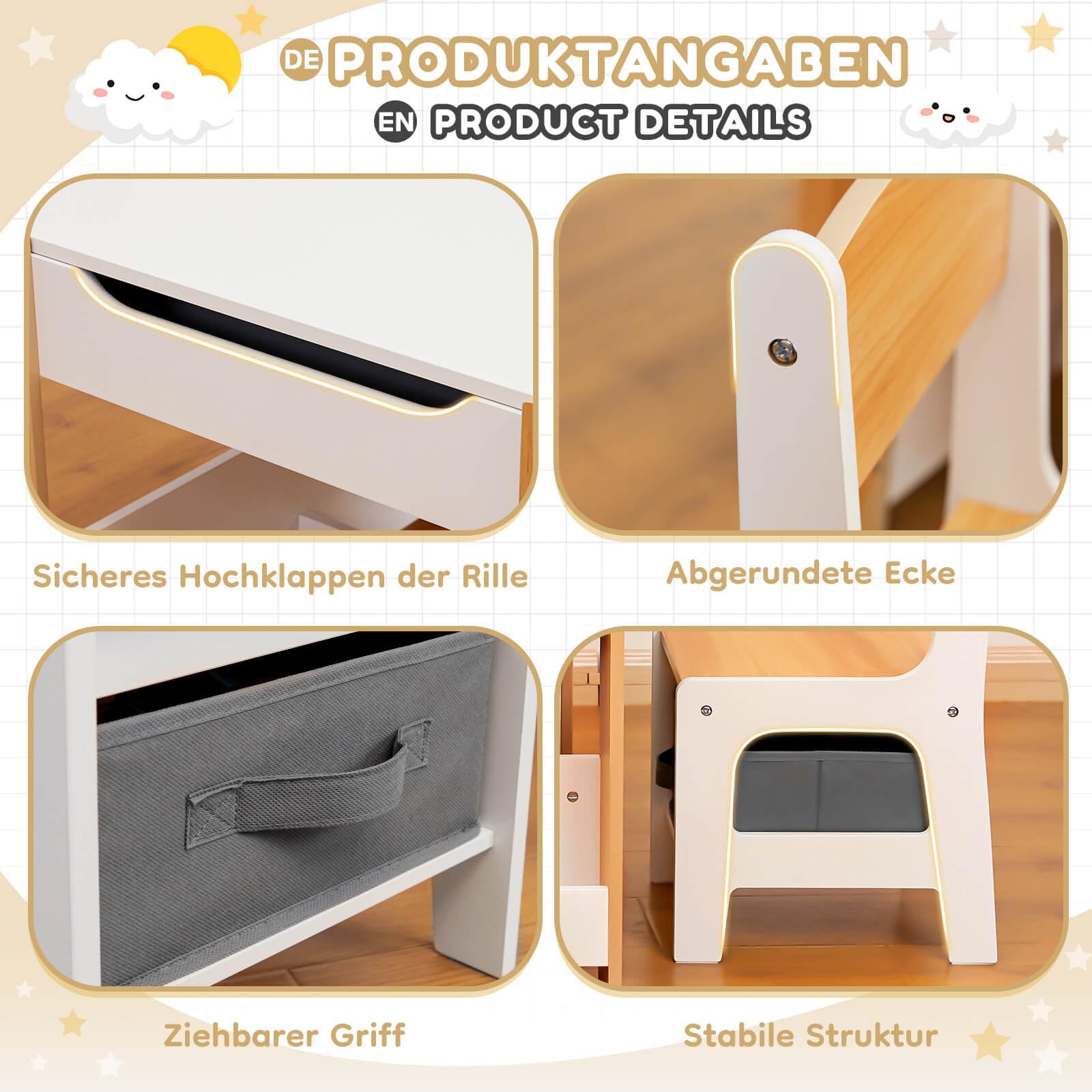 Yorbay Kindertisch mit 2 Stühle, Kindermöbel Set aus Holz mit Stauraum und Bücherregalen, 3 in 1 Maltisch & Aktivitätstisch & Tafeltisch, Kinderzimmer, Spielzimmer, Vorschüler (Natur)