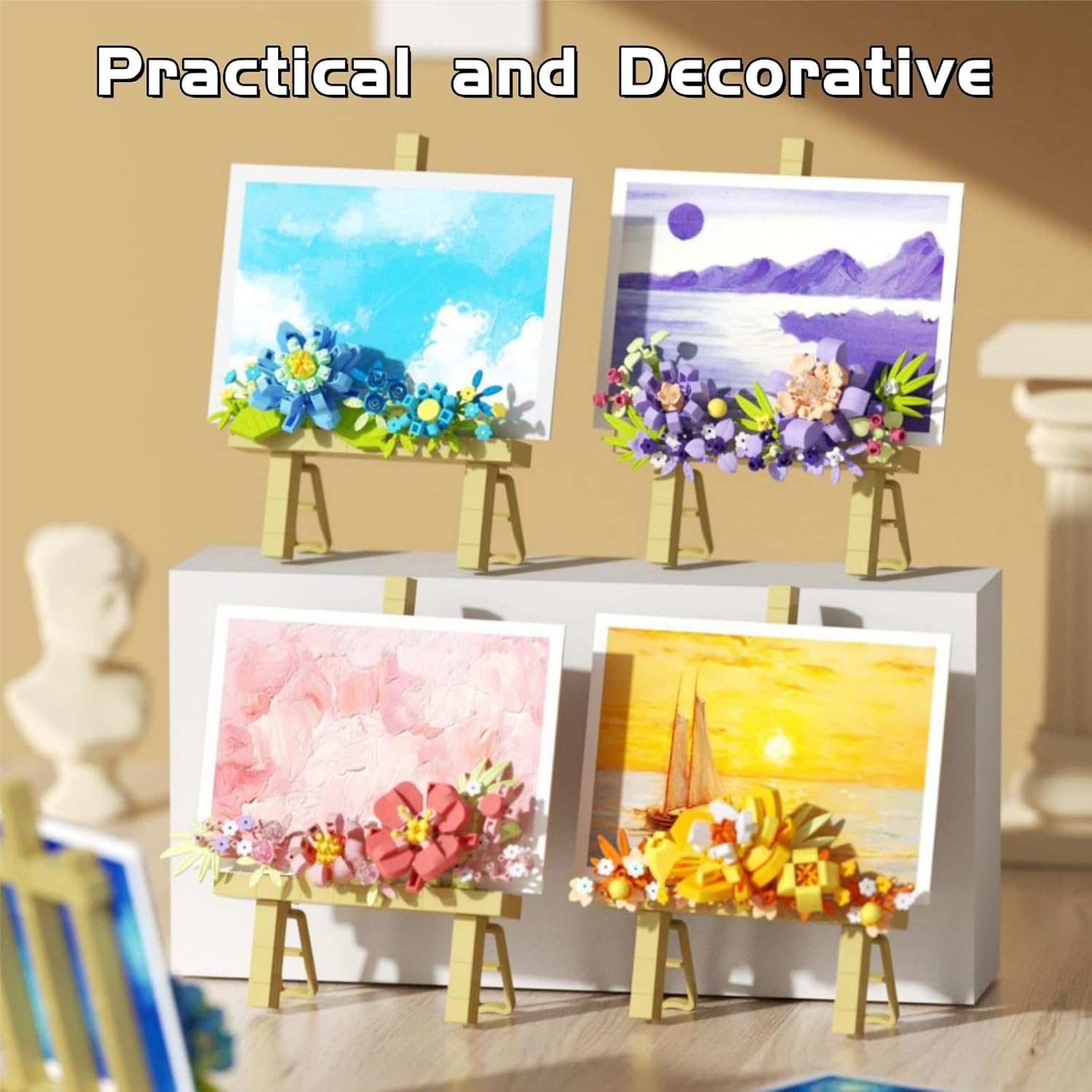 Mini Flowers Picture Frame Building Set, Desk Decor Block Easel for Message Stickers and Painting Photo Frame, Pink Roses Flower Bouquet Building Toys Gifts for Her