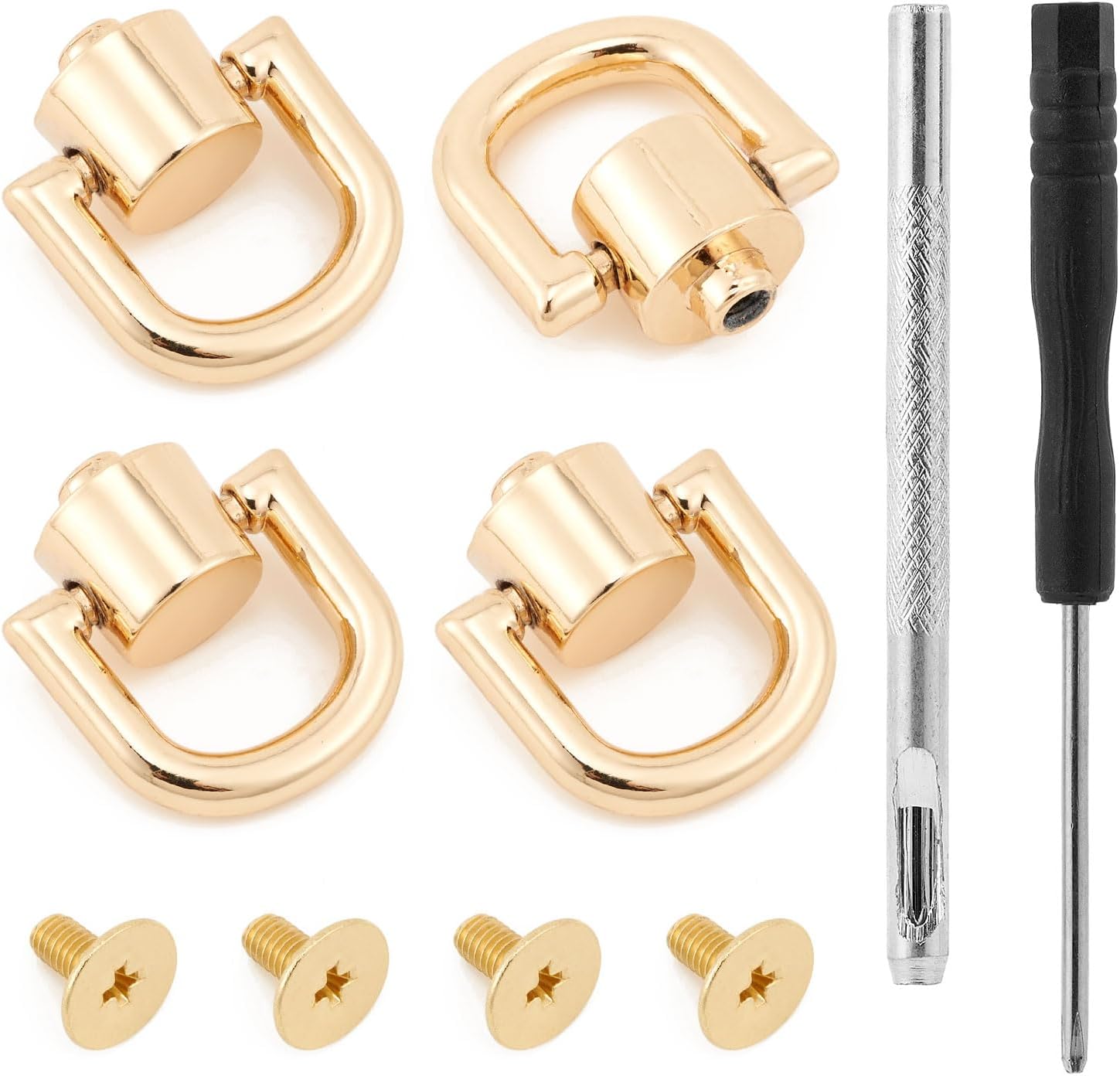 4 Pcs D Rings Rivets for Leather Purse Leather Strap Hardware with Screwdriver and Punch Tool Purse Hardware for Bag Making（Gold-Style4）