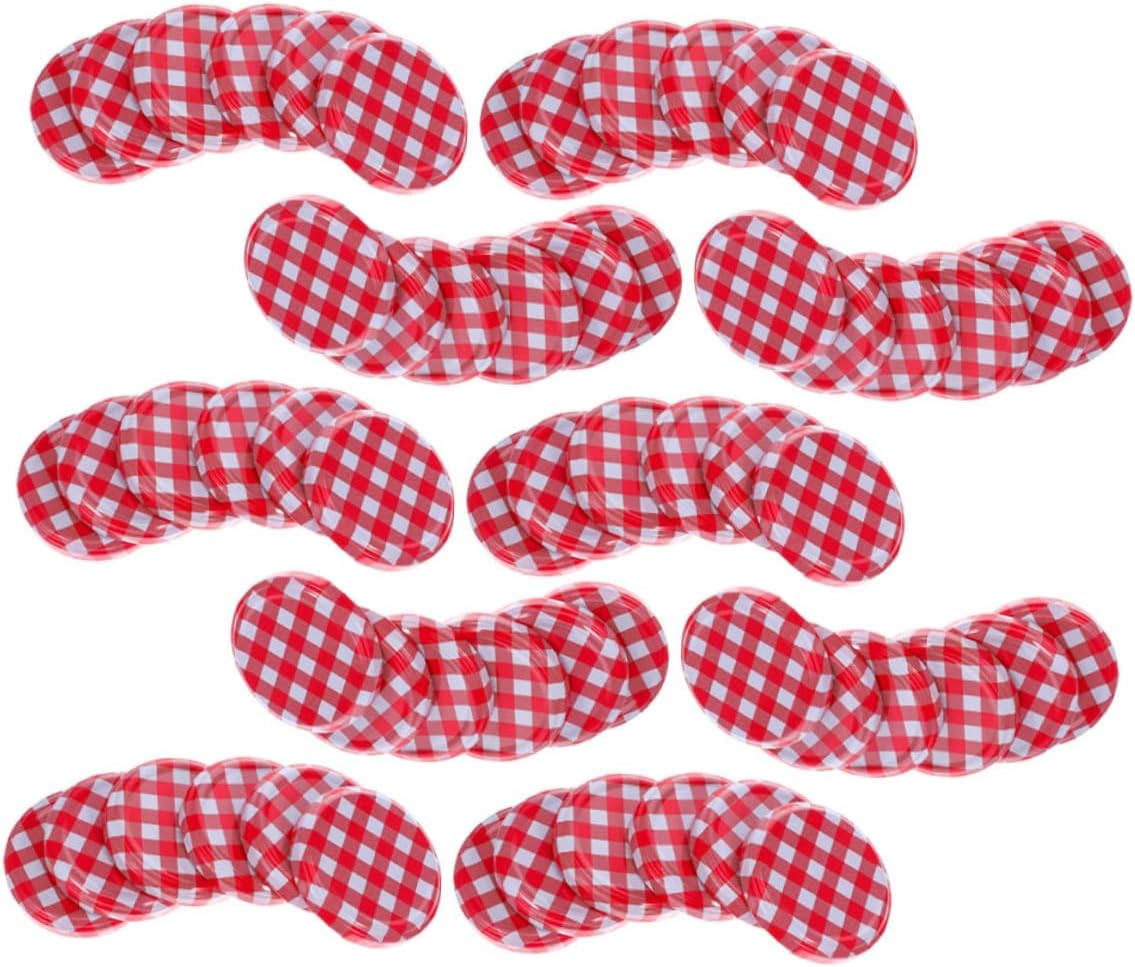 50pcs Red Gingham Mason Jar Lids Reusable Canning Jar Covers Regular Mouth Storage Caps for Kitchen Food Preservation