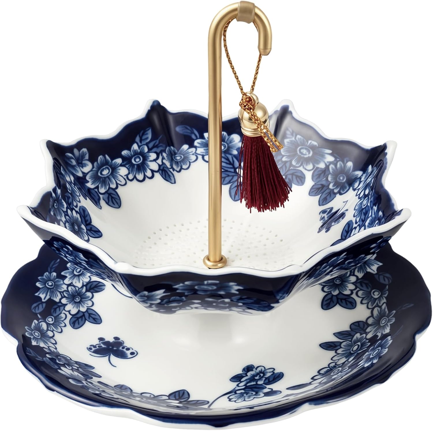Umbrella Ceramic Tea Strainer with Drip Tray, Chinese Blue & White Porcelain Loose Leaf Filter, fits 2.56 to 3.94-Inch Openings(blue)