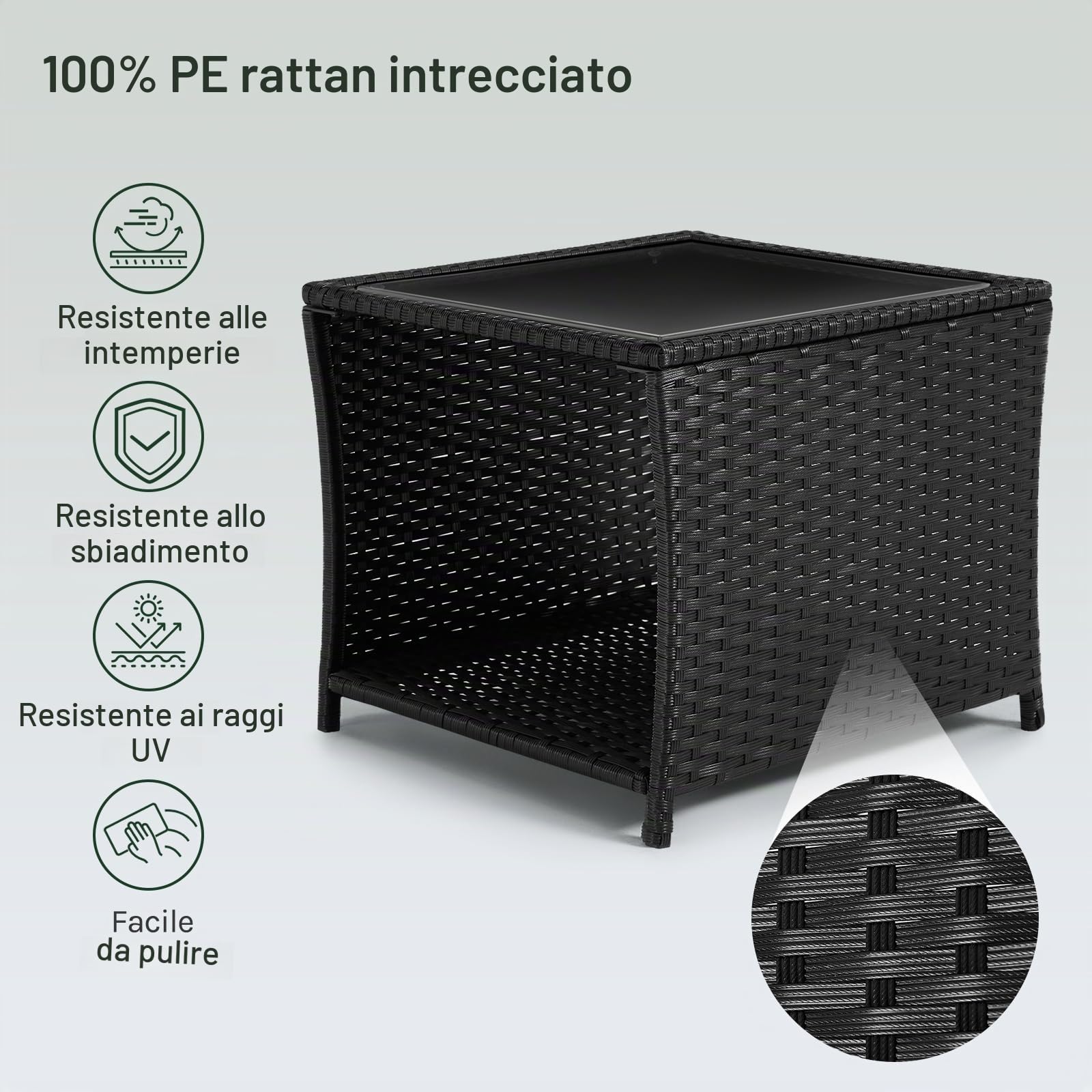 WOLTU Tavolo da Giardino in Polyrattan, 45x40x45cm, Nero | Tavolino con Piano in Vetro a Vano Aperto, Tavolo da Esterno Resistente alle Intemperie, Salotto da Giardino Esterno