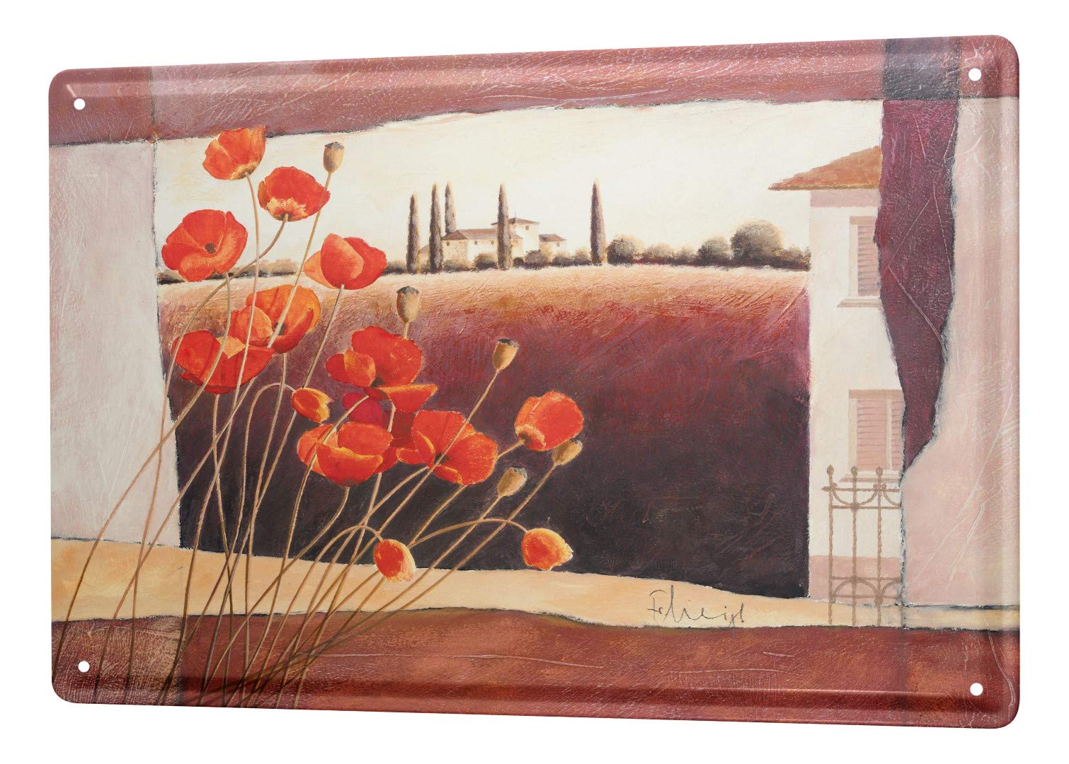 LEotiE SINCE 2004 Tin Sign Metal Plate Poster Plaque Gallery painter Franz Heigl Picture Tuscan Poppies houses